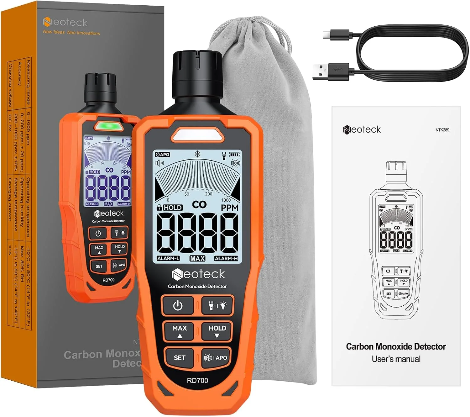 آشکارساز مونوکسید کربن، سنسور بریتانیایی 0.35 ثانیه، CO متر قابل شارژ 0-1000PPM با آلارم های صوتی و بصری، LCD با نور پس زمینه برای خانه، مسافرت، صنعت