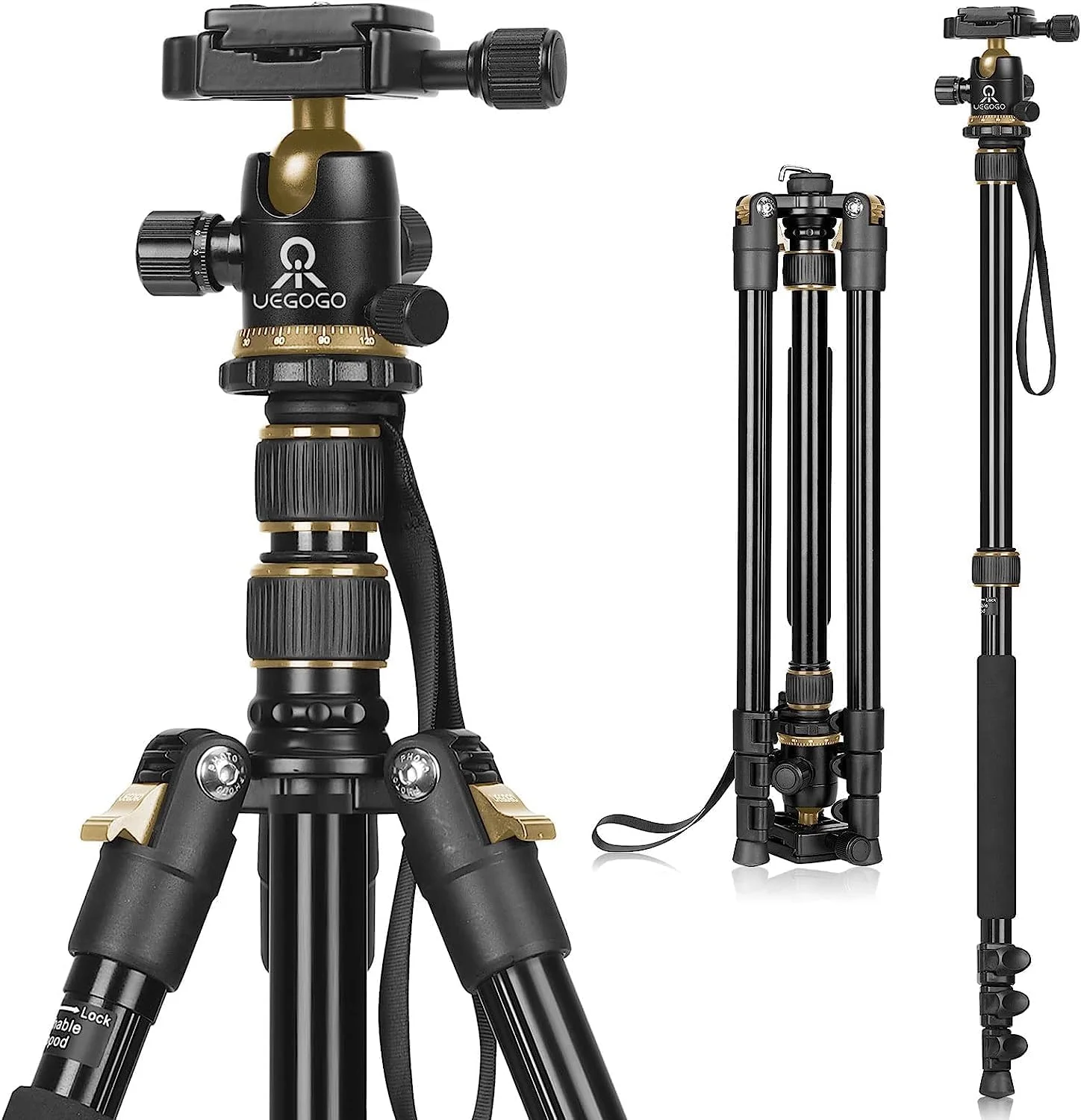 سه پایه دوربین ZoMei، سه پایه حرفه ای دوربین DSLR، قابل تبدیل به تک پایه تا 210 سانتی متر، با سر چرخان 360 درجه، کیف حمل، سه پایه قابلیت حمل 8 کیلوگرم (طلایی)