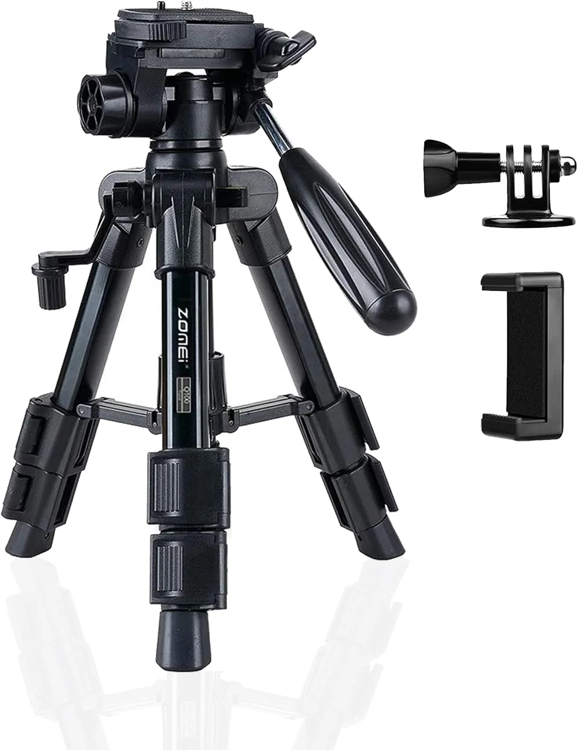 سه پایه رومیزی مسافرتی کوچک ZOMEI ZM-HR-Q100-Tripod-01 با هد پن/شیب سه طرفه، صفحه رهاسازی سریع و کیف برای دوربین DSLR، سه پایه آلومینیومی کوچک با کیف حمل، مشکی