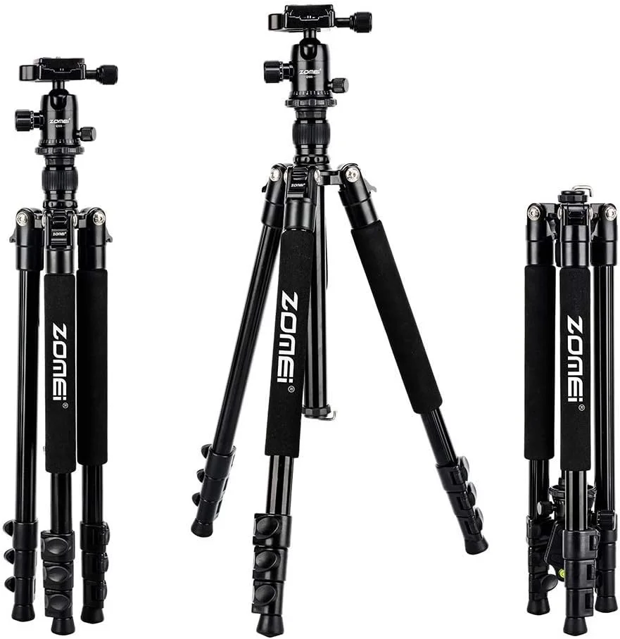 سه پایه آلومینیومی مسافرتی سبک Zomei Q555 برای دوربین های DSLR نیکون سونی کانن به همراه کیف حمل (مشکی) و هد توپی