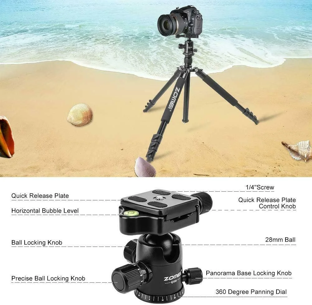 سه پایه آلومینیومی مسافرتی سبک Zomei Q555 برای دوربین های DSLR نیکون سونی کانن به همراه کیف حمل (مشکی) و هد توپی سه پایه آلومینیومی مسافرتی سبک Zomei Q555 برای دوربین های DSLR نیکون سونی کانن به همراه کیف حمل (مشکی) و هد توپی