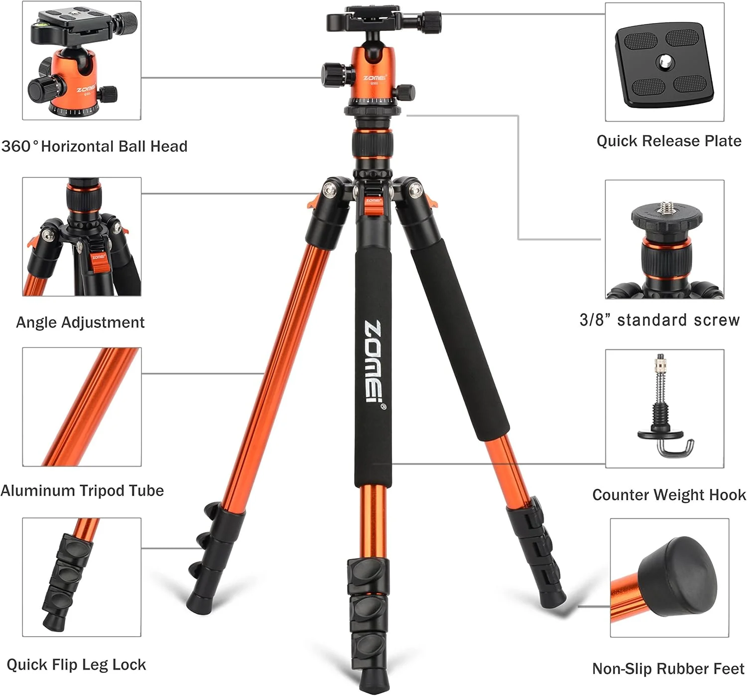 سه پایه دوربین زومی Q555 با ارتفاع 160 سانتی متر، سه پایه مسافرتی آلومینیومی تاشو و سبک با سر توپی 360 درجه برای ولاگ، نیکون، کانن، سونی، تمام DSLR ها، دوربین های دیجیتال، دوربین های شکاری و تلسکوپ لیزری (نارنجی) سه پایه دوربین زومی Q555 با ارتفاع 160 سانتی متر، سه پایه مسافرتی آلومینیومی تاشو و سبک با سر توپی 360 درجه برای ولاگ، نیکون، کانن، سونی، تمام DSLR ها، دوربین های دیجیتال، دوربین های شکاری و تلسکوپ لیزری (نارنجی)