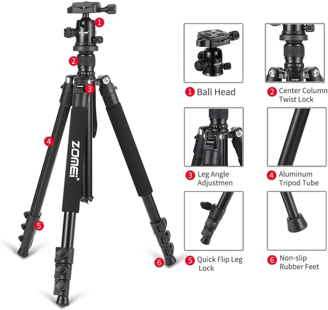سه پایه دوربین ZoMei مدل Q555، سه پایه مسافرتی آلیاژ آلومینیوم سبک وزن 62.5 اینچی با هد توپی 360 درجه + صفحه رهاسازی سریع 1/4 اینچی سه پایه دوربین ZoMei مدل Q555، سه پایه مسافرتی آلیاژ آلومینیوم سبک وزن 62.5 اینچی با هد توپی 360 درجه + صفحه رهاسازی سریع 1/4 اینچی