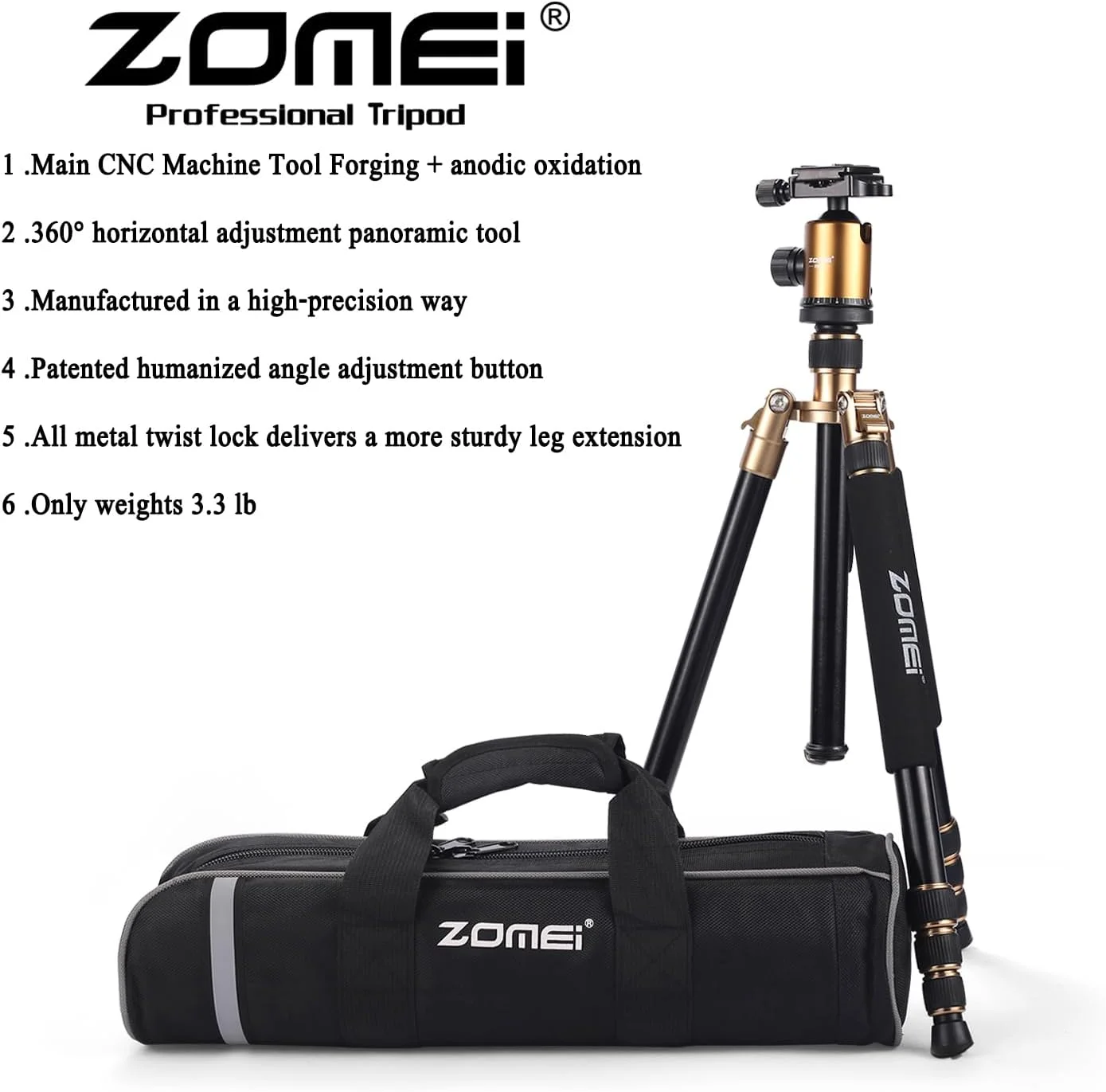 سه پایه سبک وزن دوربین DSLR مدل ZOMEi Z818 با هد توپی 360 درجه و کیف حمل برای دوربین های کانن نیکون سونی سامسونگ المپوس (طلایی) سه پایه سبک وزن دوربین DSLR مدل ZOMEi Z818 با هد توپی 360 درجه و کیف حمل برای دوربین های کانن نیکون سونی سامسونگ المپوس (طلایی)
