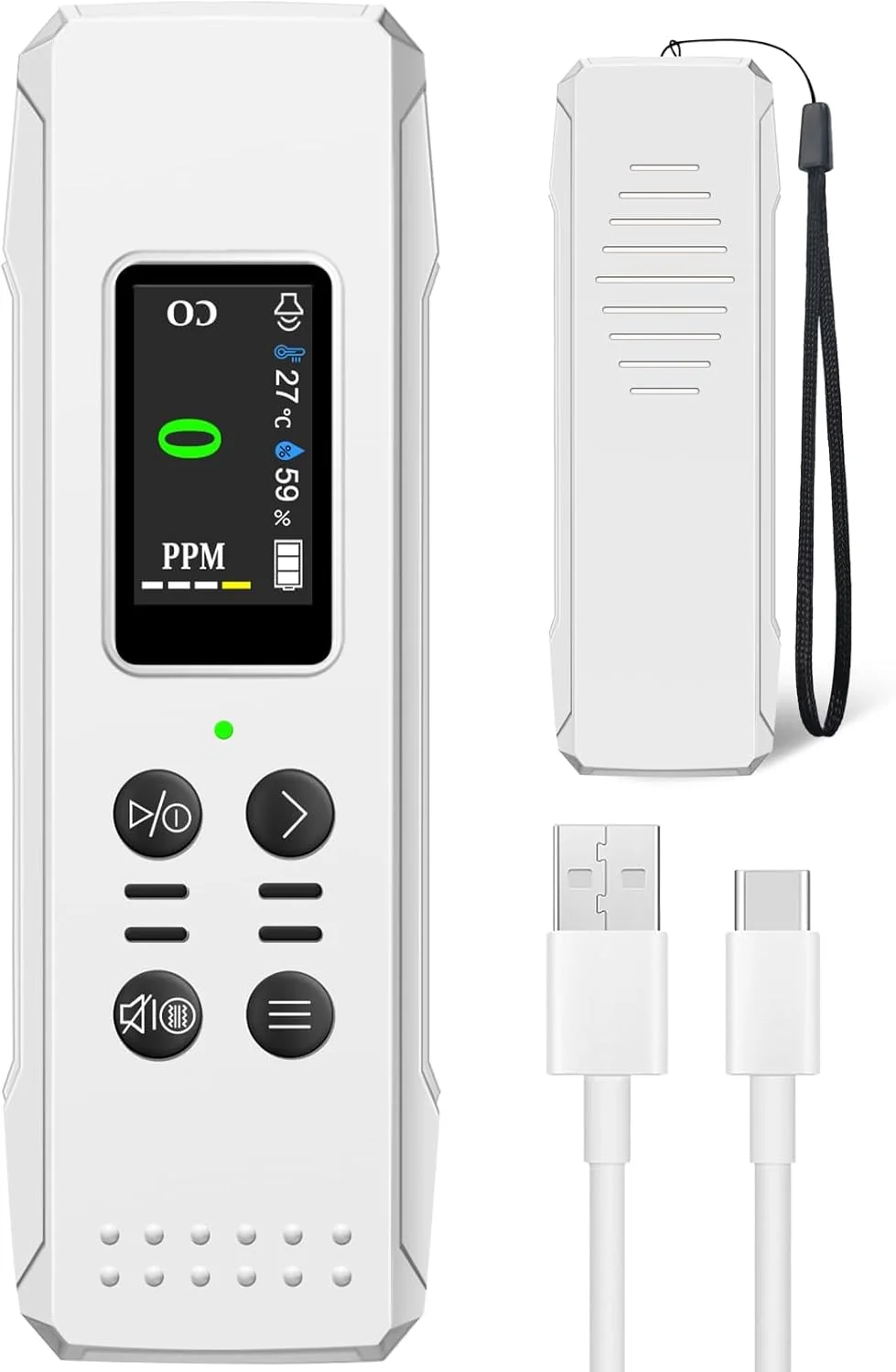 آشکارسازهای مونوکسید کربن، آلارم مونوکسید کربن قابل حمل با هشدارهای صوتی و بصری، 0-1000PPM، آشکارساز CO با سنسور رطوبت و دما برای خانه، ماشین، کمپینگ و مسافرت (کابل Type-c و باتری 1000 میلی آمپر ساعت)