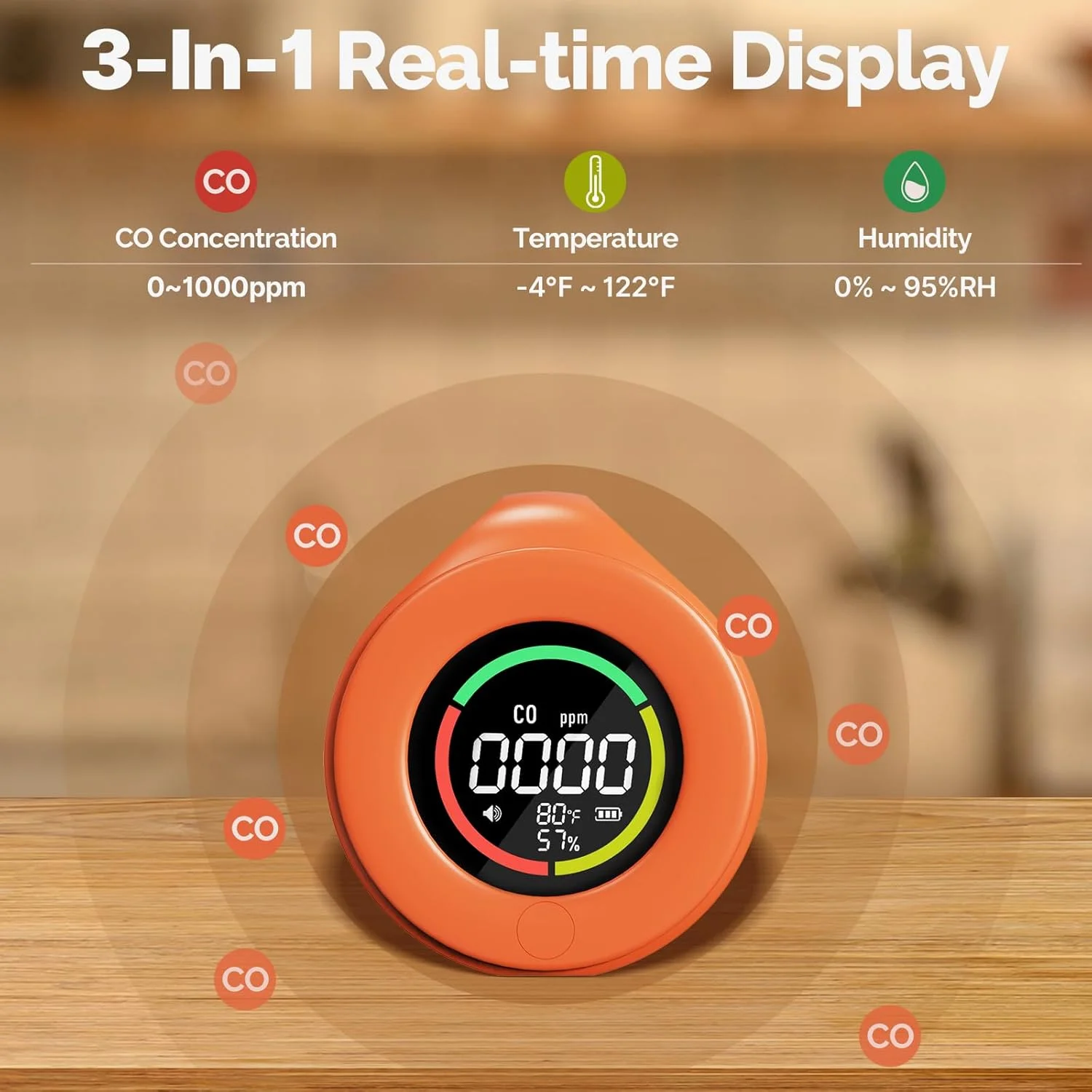 دستگاه تشخیص مونوکسید کربن MOES CO، آلارم مونوکسید کربن کوچک قابل حمل با صفحه نمایش LCD، 3 در 1 اندازه گیری مونوکسید کربن، دما و رطوبت هوا، برای خانه، کمپر، ماشین، اتاق های گاز، قایق ها، RV (نارنجی)