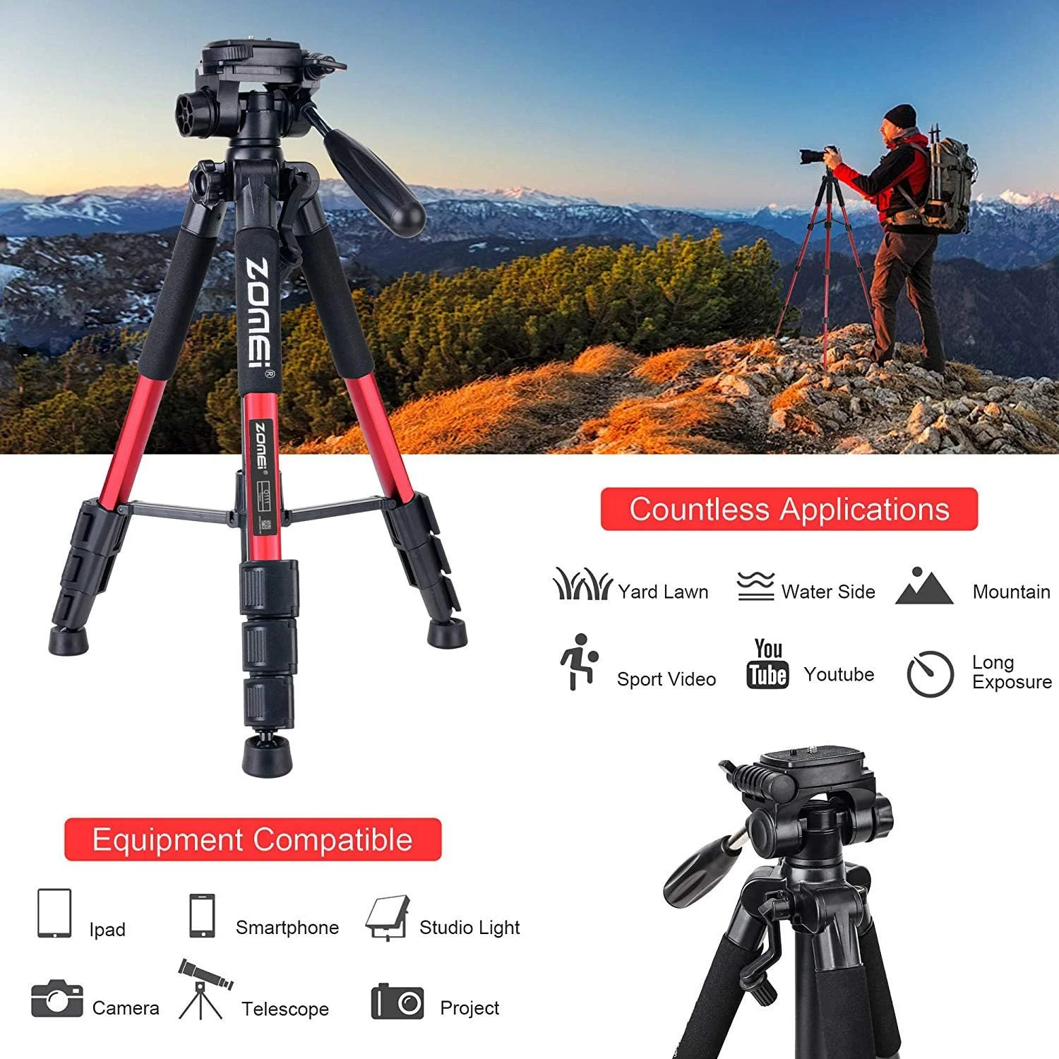 سه پایه دوربین ZOMEI Q111، سه پایه تلفن همراه، سه پایه مسافرتی آلیاژ آلومینیوم، سه پایه دوربین سبک وزن با سر چرخان 3 طرفه، صفحه رهاسازی سریع، نگهدارنده تلفن همراه و کیف، 47-140 سانتی متر (قرمز) سه پایه دوربین ZOMEI Q111، سه پایه تلفن همراه، سه پایه مسافرتی آلیاژ آلومینیوم، سه پایه دوربین سبک وزن با سر چرخان 3 طرفه، صفحه رهاسازی سریع، نگهدارنده تلفن همراه و کیف، 47-140 سانتی متر (قرمز)