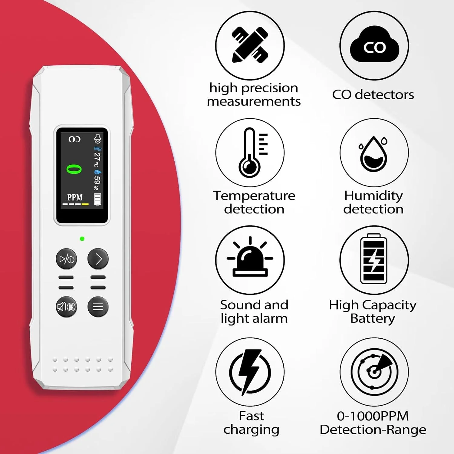 آشکارسازهای مونوکسید کربن، آلارم مونوکسید کربن قابل حمل با هشدارهای صوتی و بصری، 0-1000PPM، آشکارساز CO با سنسور رطوبت و دما برای خانه، ماشین، کمپینگ و مسافرت (کابل Type-c و باتری 1000 میلی آمپر ساعت)