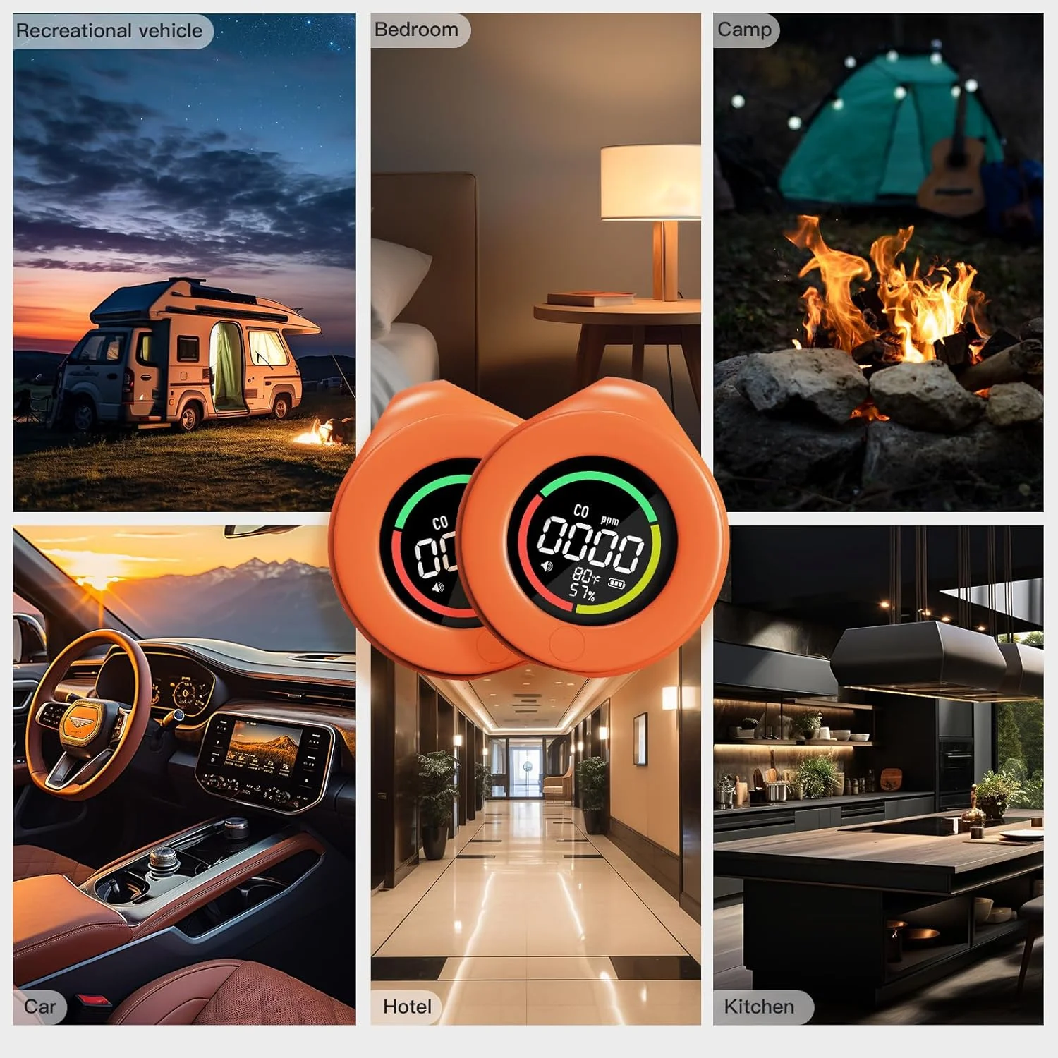 دستگاه تشخیص مونوکسید کربن MOES CO، آلارم مونوکسید کربن کوچک قابل حمل با صفحه نمایش LCD، 3 در 1 اندازه گیری مونوکسید کربن، دما و رطوبت هوا، برای خانه، کمپر، ماشین، اتاق های گاز، قایق ها، RV (نارنجی)