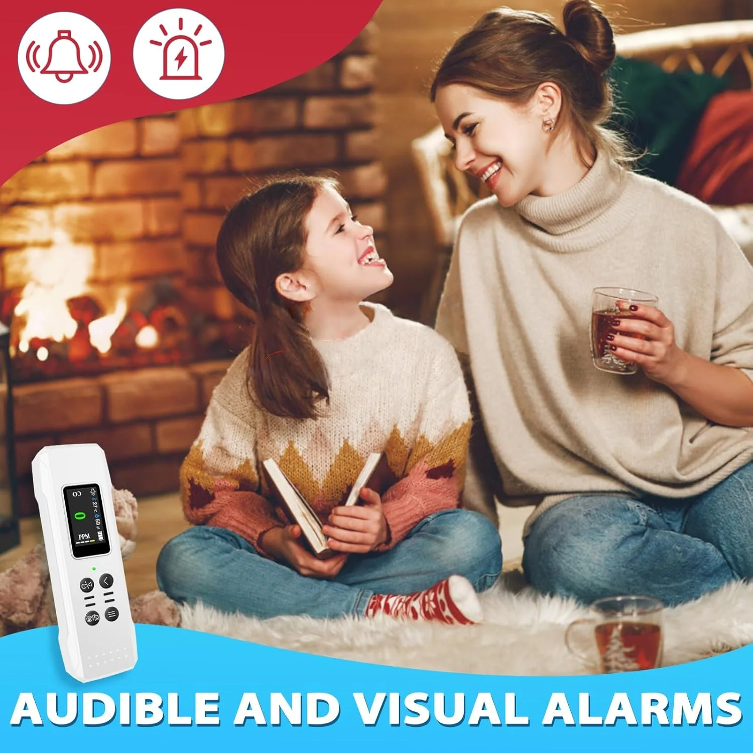 آشکارسازهای مونوکسید کربن، آلارم مونوکسید کربن قابل حمل با هشدارهای صوتی و بصری، 0-1000PPM، آشکارساز CO با سنسور رطوبت و دما برای خانه، ماشین، کمپینگ و مسافرت (کابل Type-c و باتری 1000 میلی آمپر ساعت)
