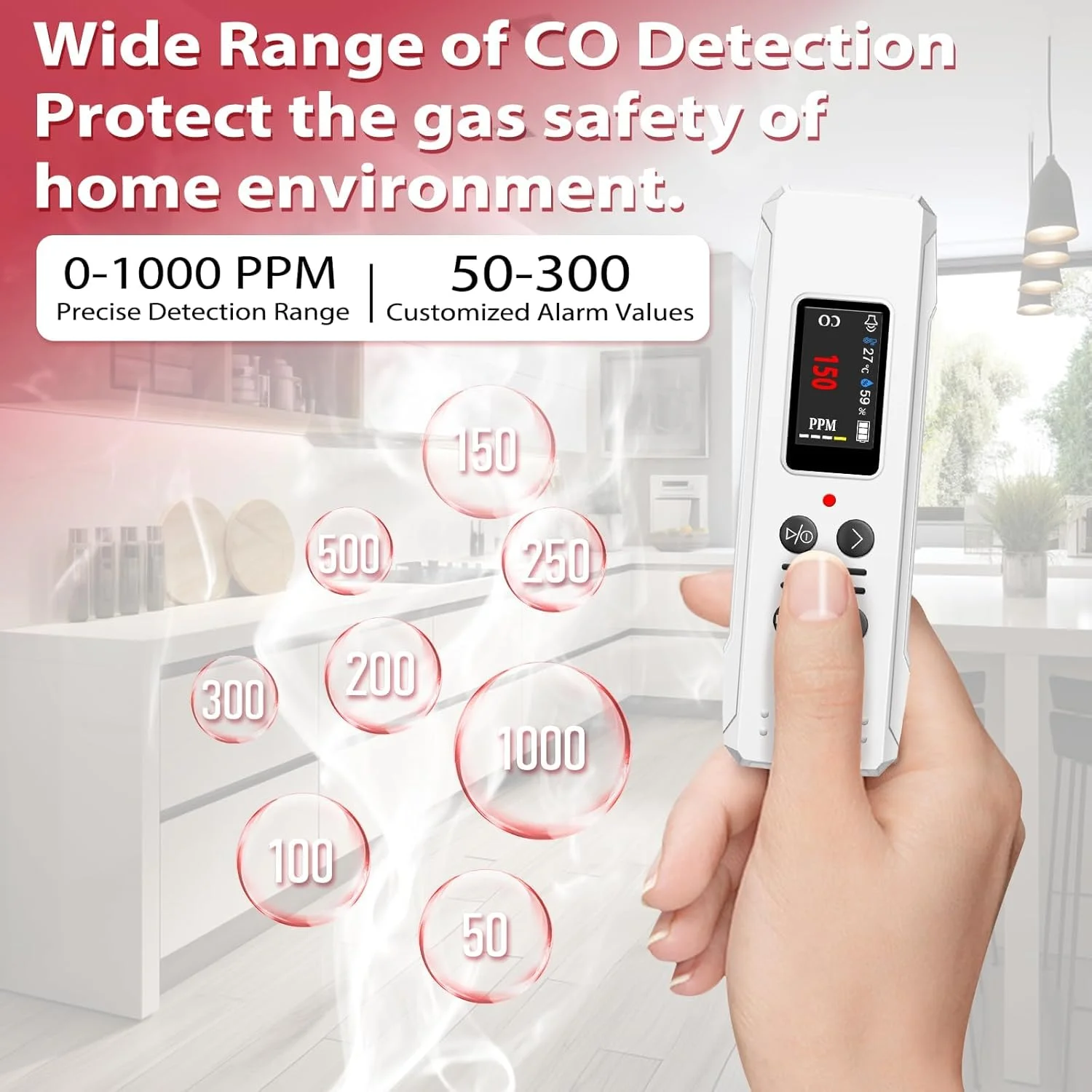 آشکارسازهای مونوکسید کربن، آلارم مونوکسید کربن قابل حمل با هشدارهای صوتی و بصری، 0-1000PPM، آشکارساز CO با سنسور رطوبت و دما برای خانه، ماشین، کمپینگ و مسافرت (کابل Type-c و باتری 1000 میلی آمپر ساعت)