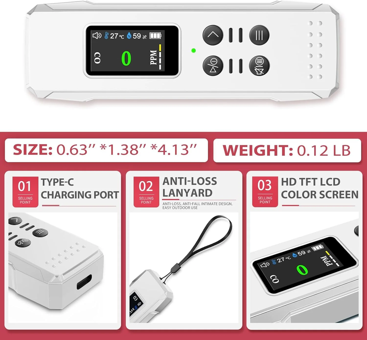 آشکارسازهای مونوکسید کربن، آلارم مونوکسید کربن قابل حمل با هشدارهای صوتی و بصری، 0-1000PPM، آشکارساز CO با سنسور رطوبت و دما برای خانه، ماشین، کمپینگ و مسافرت (کابل Type-c و باتری 1000 میلی آمپر ساعت)