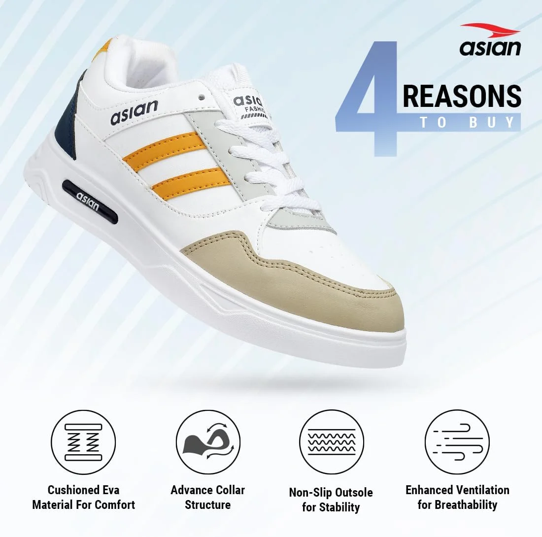 کفش کتانی سفید مردانه ASIAN مدل Boston-02، رویه مصنوعی، سبک و راحت، ساق متوسط