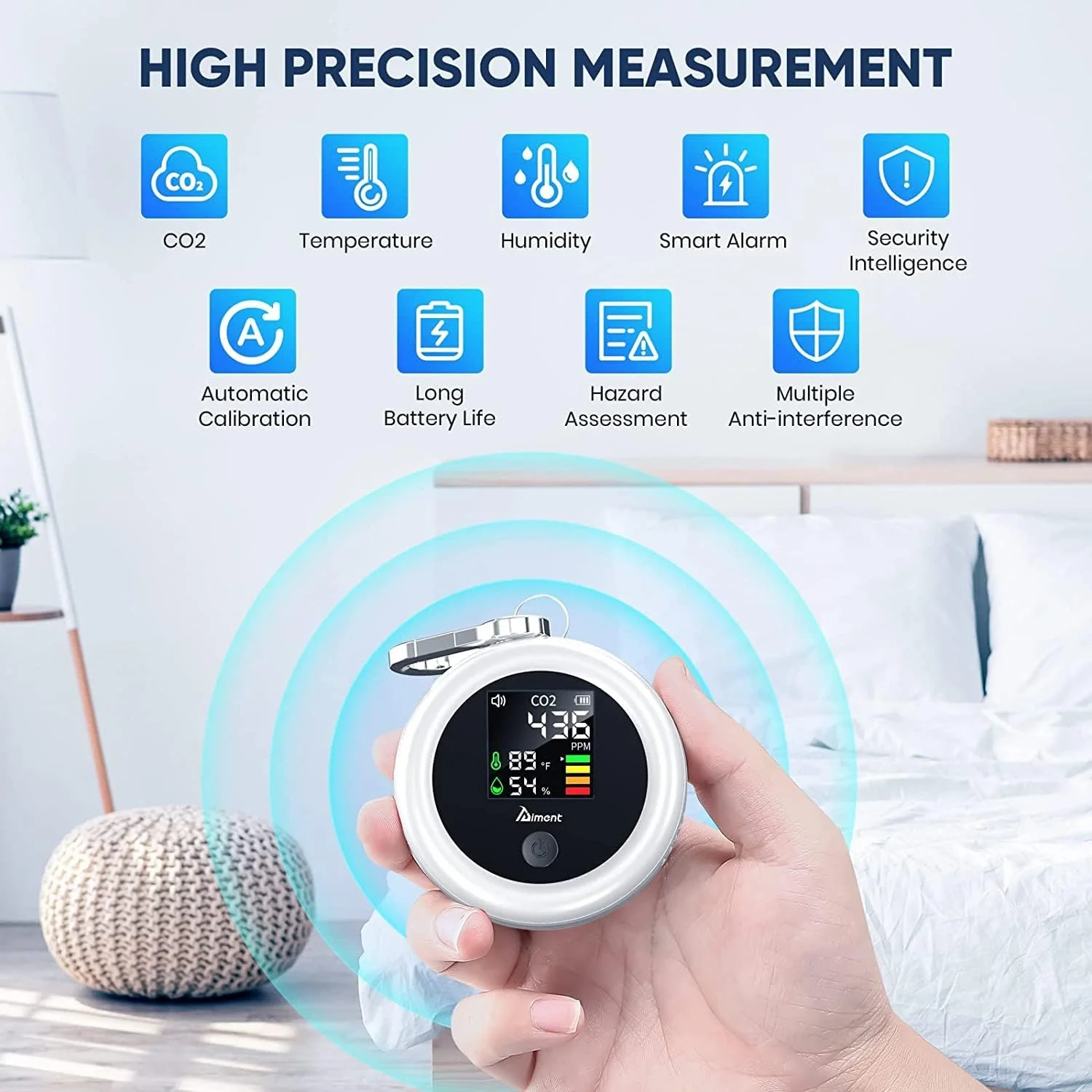 دستگاه تشخیص CO2 MAKINGTEC، مانیتور کیفیت هوا 3 در 1، آنالیزور دما و رطوبت، مینی متر دیجیتال CO2 برای منزل، مسافرت و هر مکان (سفید)