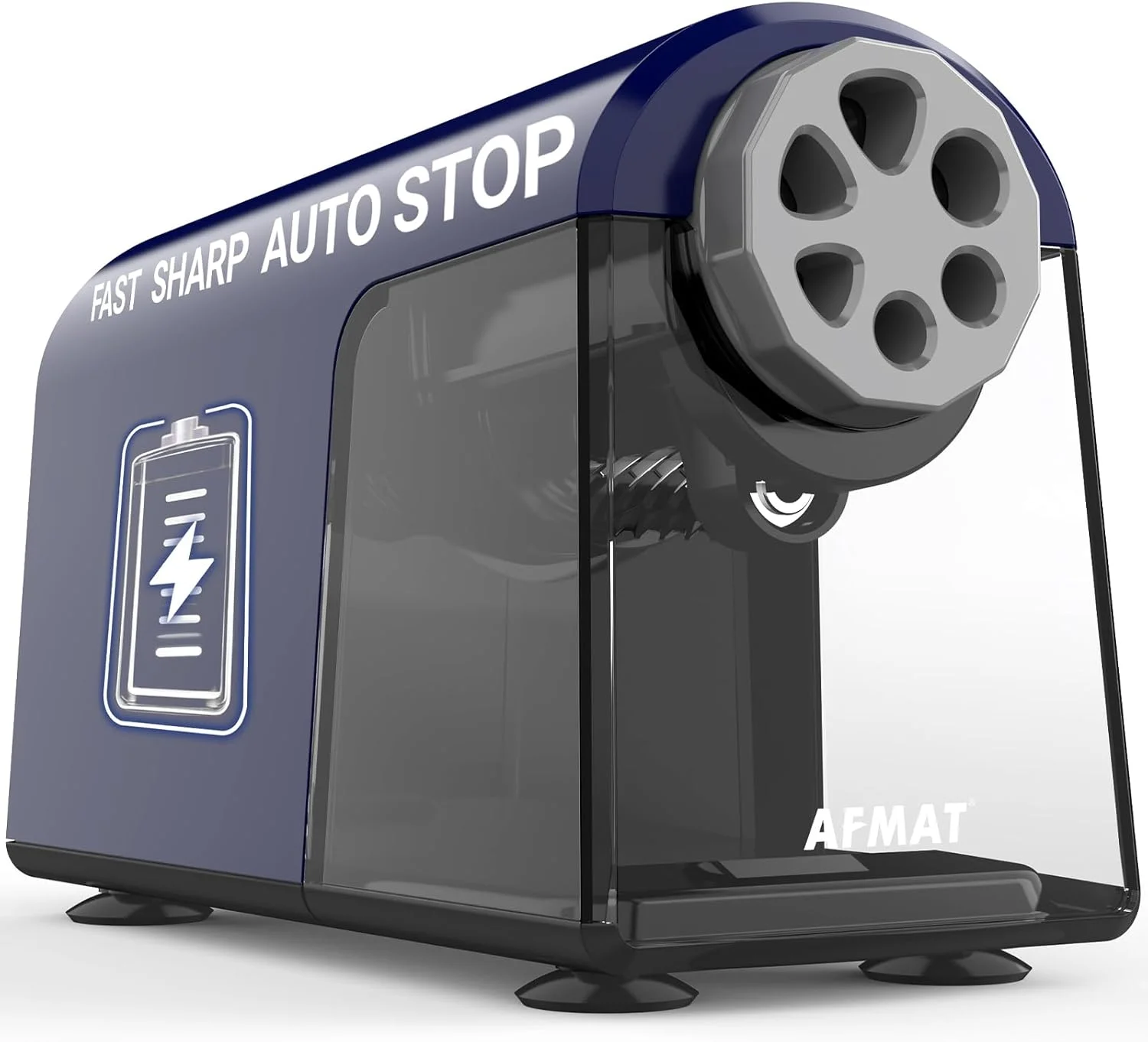 تراش برقی مداد AFMAT با 6 سوراخ، با قدرت بالا، تیز کردن سریع، توقف خودکار و صرفه جویی در مداد، 10000 بار تراشیدن، تراش مداد شارژی مناسب کلاس درس برای مدادهای شماره 2/بزرگ/رنگی 6-11 میلی متری، آبی