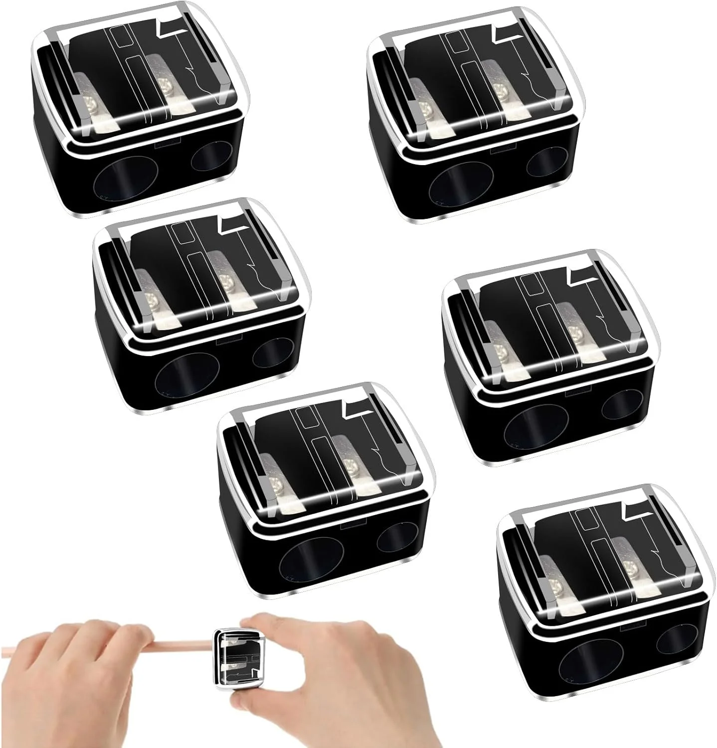 تراش آرایشی مداد پلاستیکی 6 عددی، تراش دستی مداد خط چشم و خط لب، ابزار دستی آرایشی تراش دو سوراخه برای خط لب، مداد ابرو، خط چشم (مشکی)