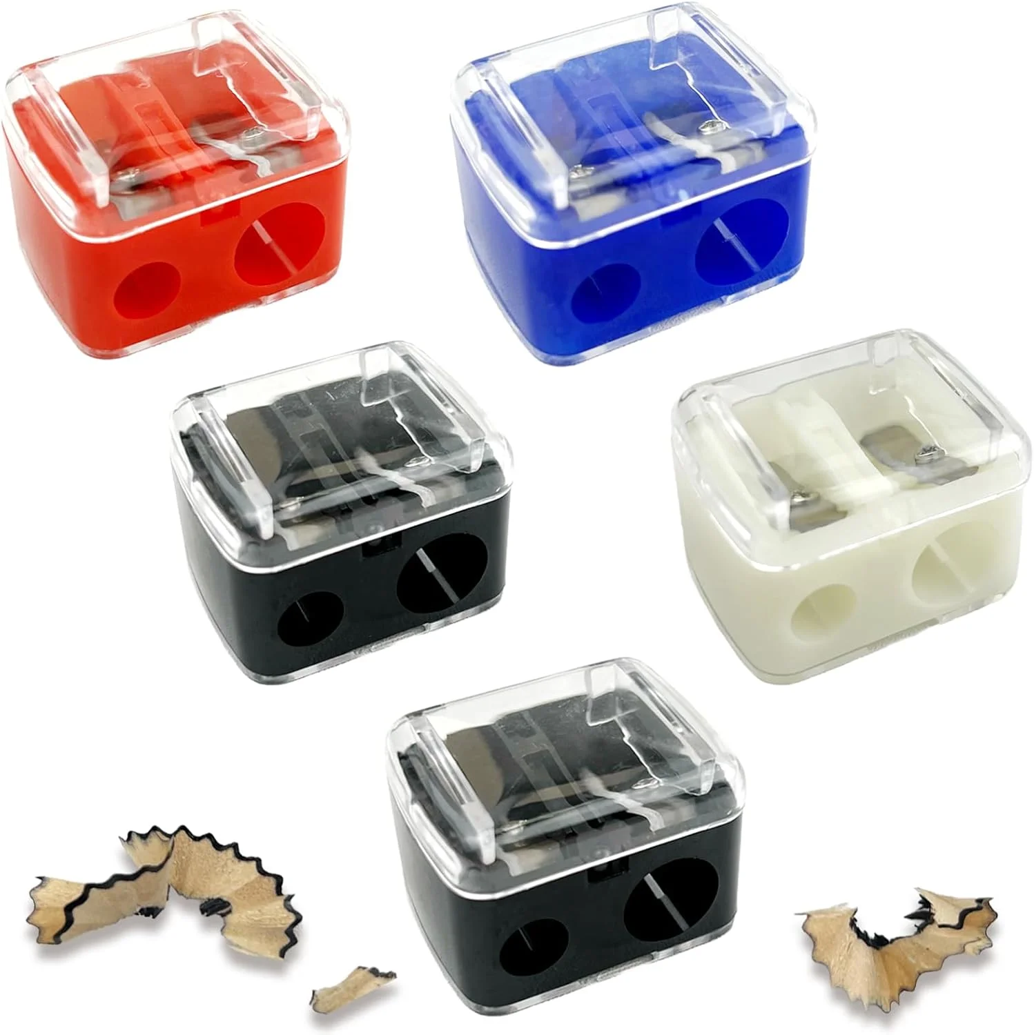 مجموعه 5 عدد تراش آرایشی مدادی – تراش لب، خط چشم و مداد ابرو، طراحی دو سوراخه در رنگ های مختلف، جمع و جور و قابل حمل