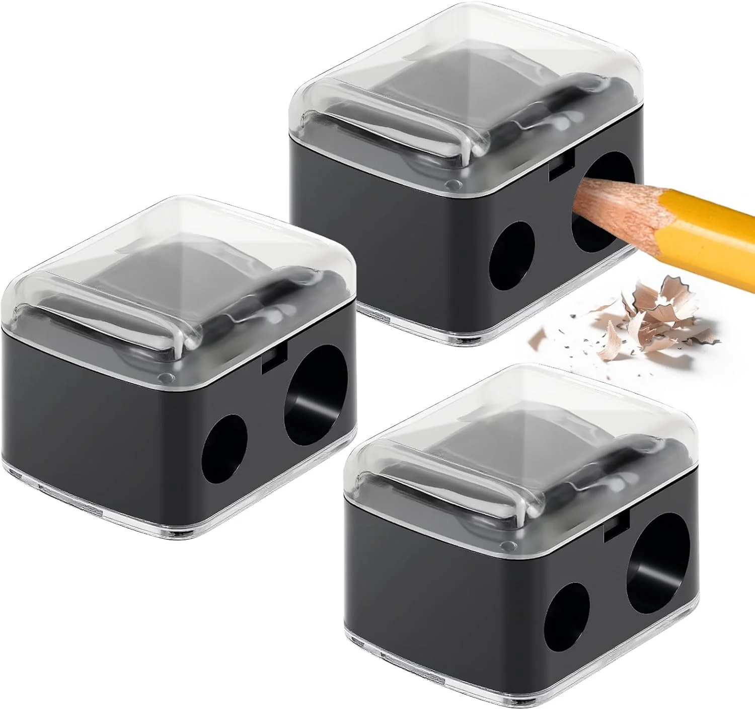 مجموعه 3 عددی تراش آرایشی - تراش مداد آرایشی 2 سوراخه برای مدادهای ابرو، خط چشم و خط لب بزرگ و کوچک - جمع آوری تراشه ها، تمیز کردن آسان