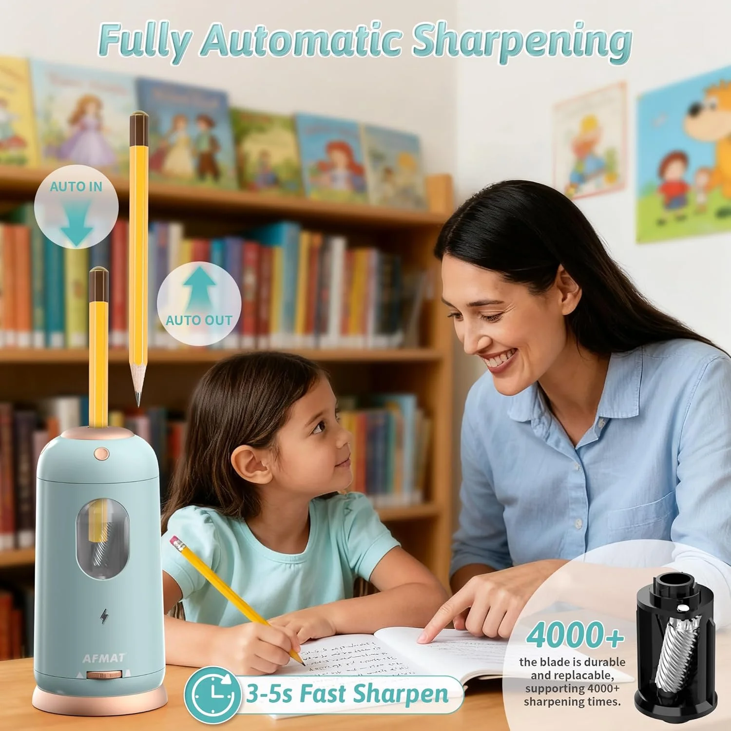 تراش برقی مداد AFMAT، ورود و خروج خودکار، تراش مداد کاملا اتوماتیک، تراش بدون دست شارژی برای مدادهای جامبو و رنگی (7-11.5 میلی متر)، مناسب برای کلاس درس/خانه/دفتر، آبی روشن