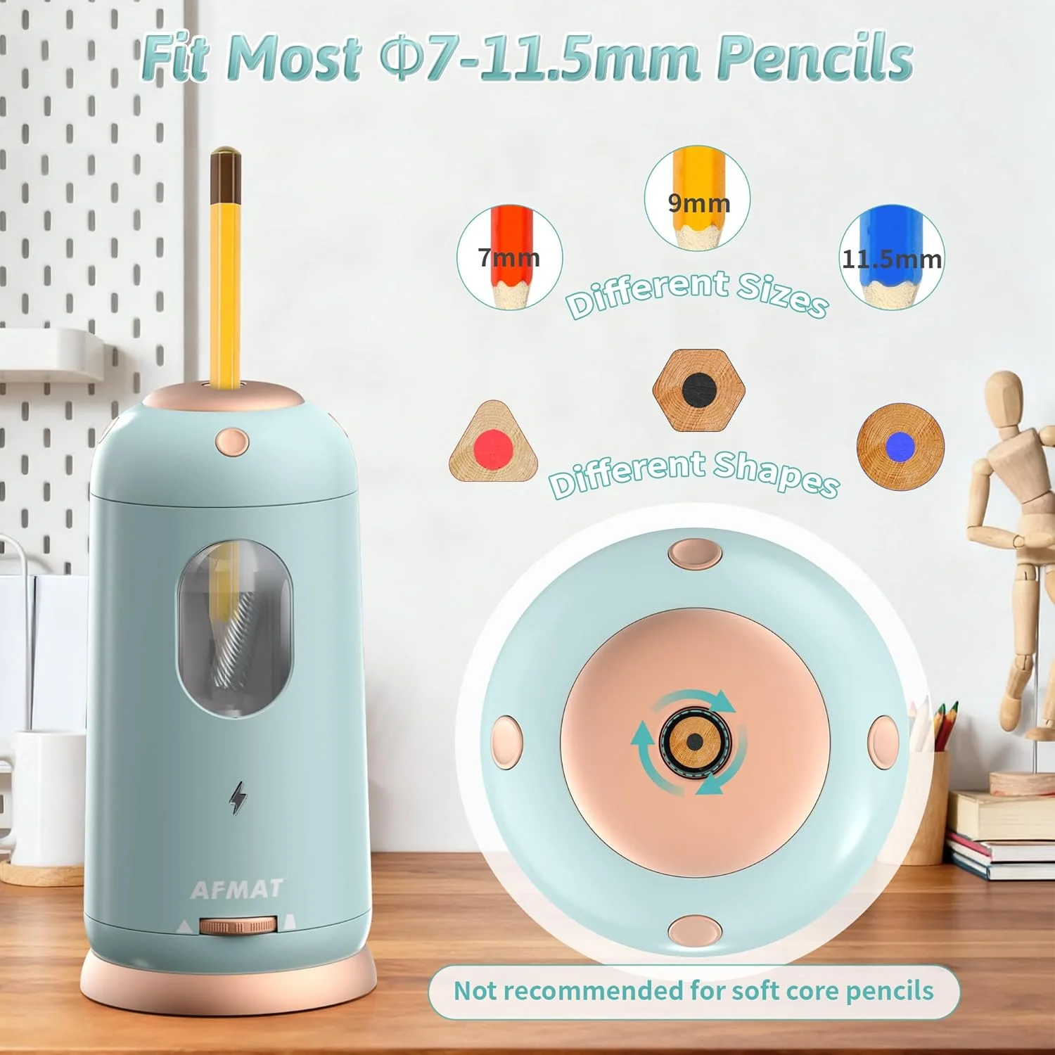 تراش برقی مداد AFMAT، ورود و خروج خودکار، تراش مداد کاملا اتوماتیک، تراش بدون دست شارژی برای مدادهای جامبو و رنگی (7-11.5 میلی متر)، مناسب برای کلاس درس/خانه/دفتر، آبی روشن