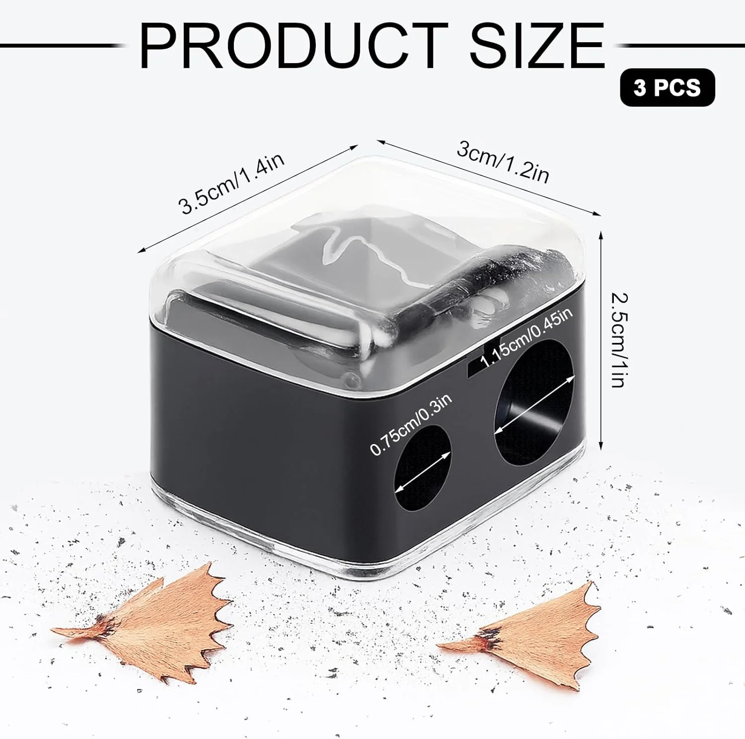 مجموعه 3 عددی تراش آرایشی - تراش مداد آرایشی 2 سوراخه برای مدادهای ابرو، خط چشم و خط لب بزرگ و کوچک - جمع آوری تراشه ها، تمیز کردن آسان