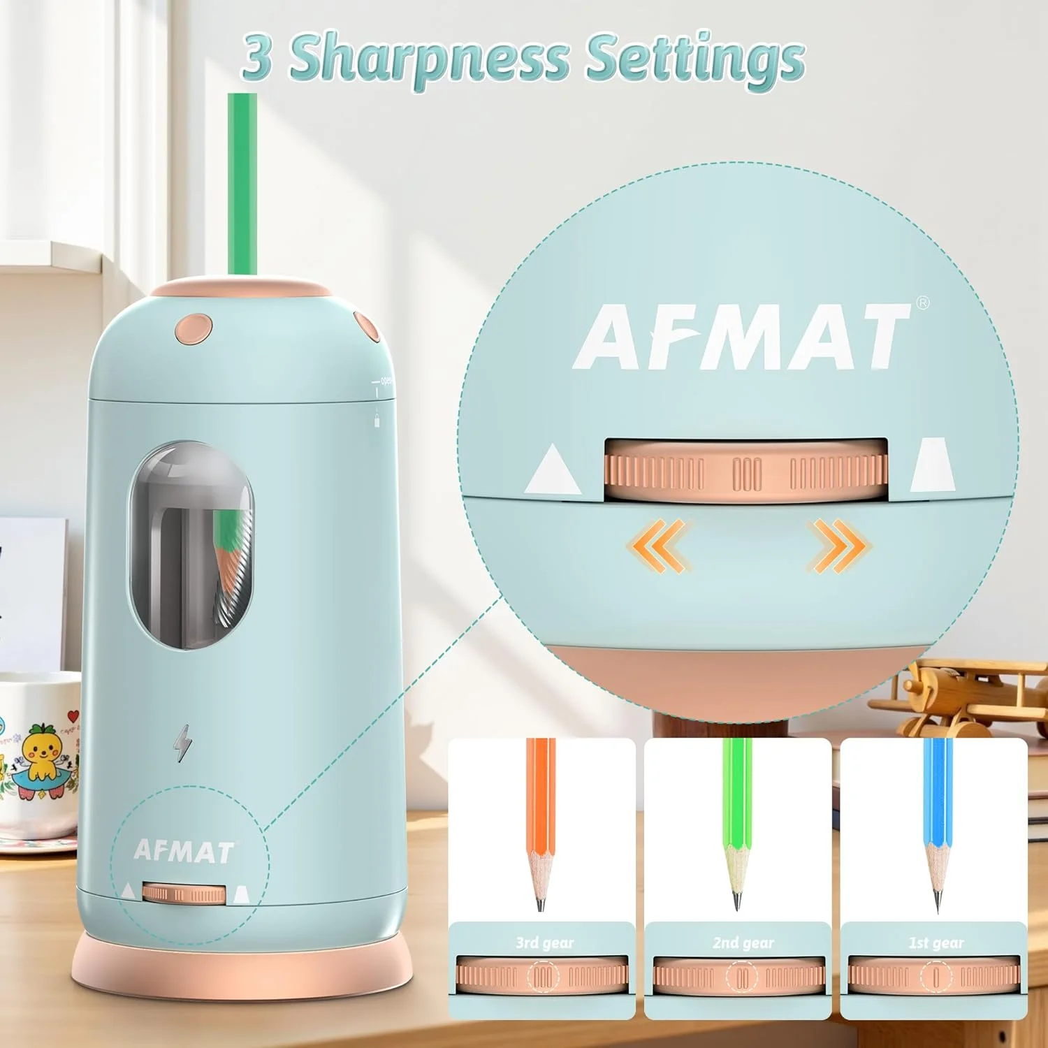 تراش برقی مداد AFMAT، ورود و خروج خودکار، تراش مداد کاملا اتوماتیک، تراش بدون دست شارژی برای مدادهای جامبو و رنگی (7-11.5 میلی متر)، مناسب برای کلاس درس/خانه/دفتر، آبی روشن