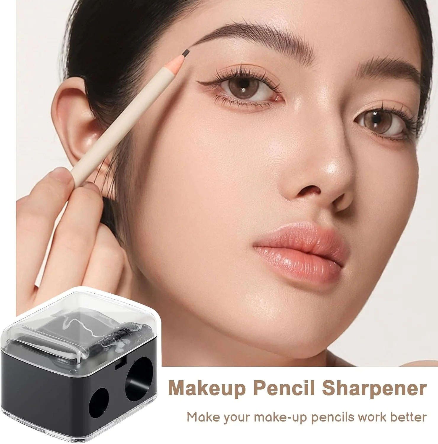 مجموعه 3 عددی تراش آرایشی - تراش مداد آرایشی 2 سوراخه برای مدادهای ابرو، خط چشم و خط لب بزرگ و کوچک - جمع آوری تراشه ها، تمیز کردن آسان