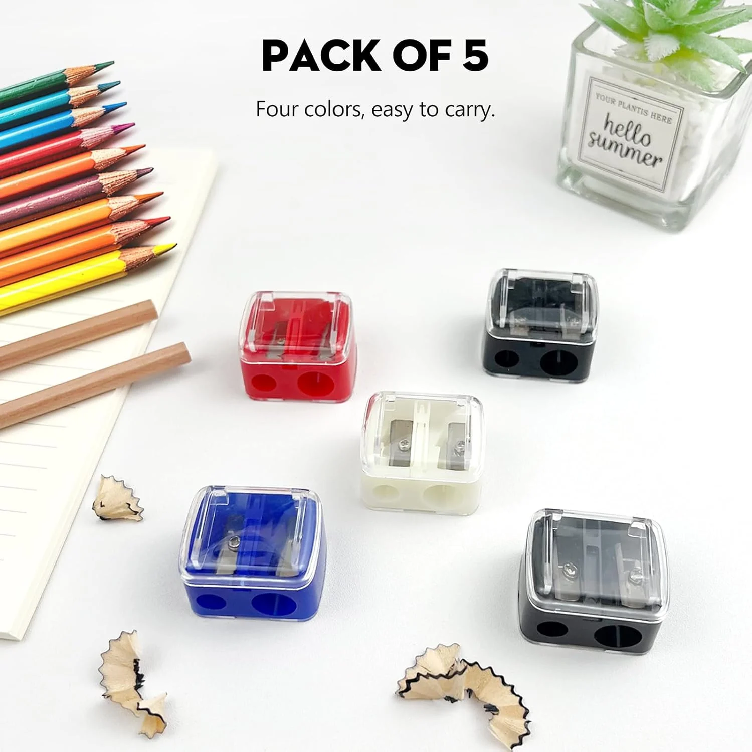 مجموعه 5 عدد تراش آرایشی مدادی – تراش لب، خط چشم و مداد ابرو، طراحی دو سوراخه در رنگ های مختلف، جمع و جور و قابل حمل