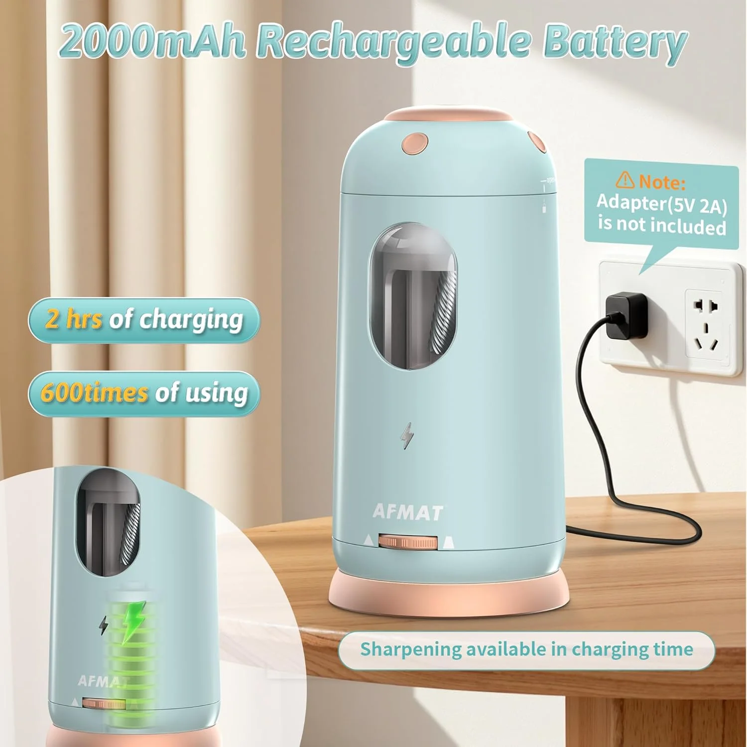 تراش برقی مداد AFMAT، ورود و خروج خودکار، تراش مداد کاملا اتوماتیک، تراش بدون دست شارژی برای مدادهای جامبو و رنگی (7-11.5 میلی متر)، مناسب برای کلاس درس/خانه/دفتر، آبی روشن