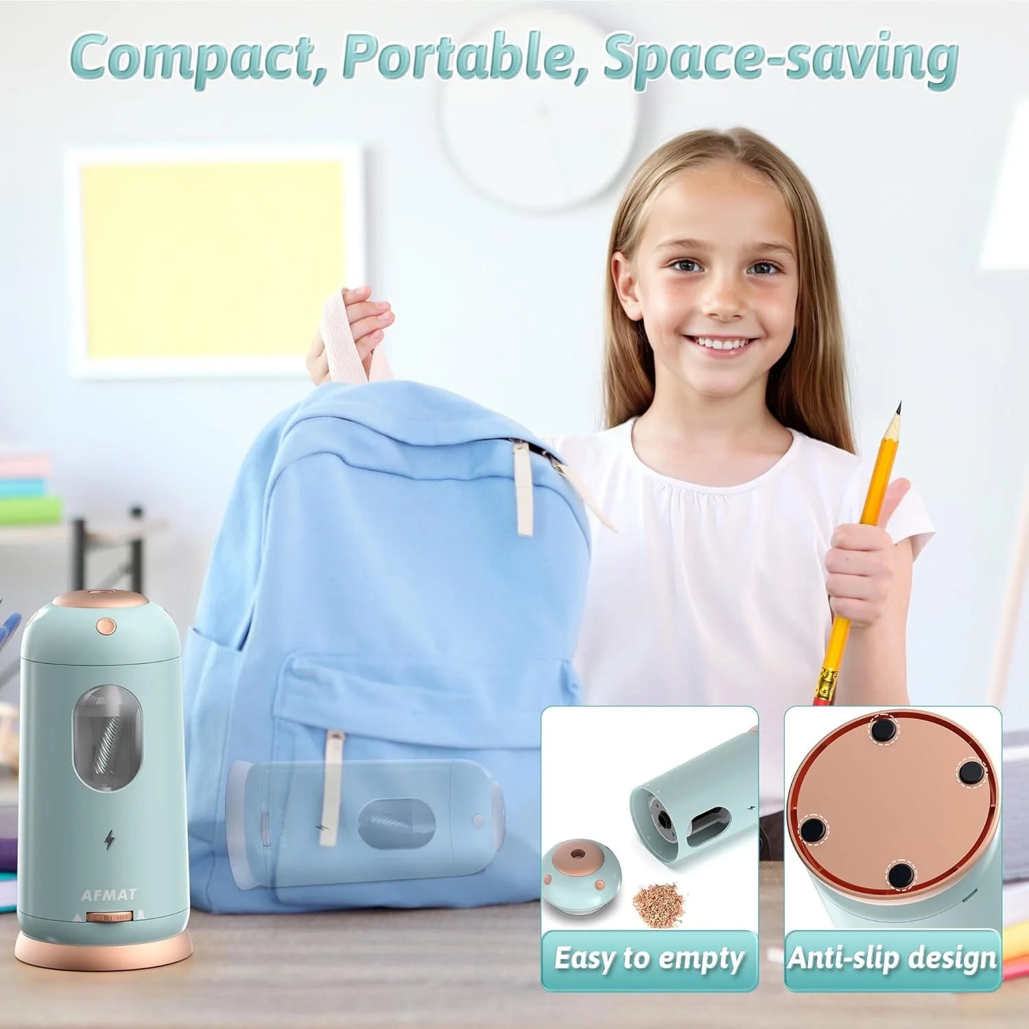 تراش برقی مداد AFMAT، ورود و خروج خودکار، تراش مداد کاملا اتوماتیک، تراش بدون دست شارژی برای مدادهای جامبو و رنگی (7-11.5 میلی متر)، مناسب برای کلاس درس/خانه/دفتر، آبی روشن