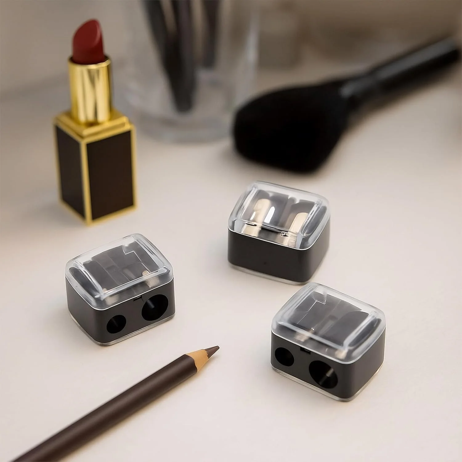 مجموعه 3 عددی تراش آرایشی - تراش مداد آرایشی 2 سوراخه برای مدادهای ابرو، خط چشم و خط لب بزرگ و کوچک - جمع آوری تراشه ها، تمیز کردن آسان