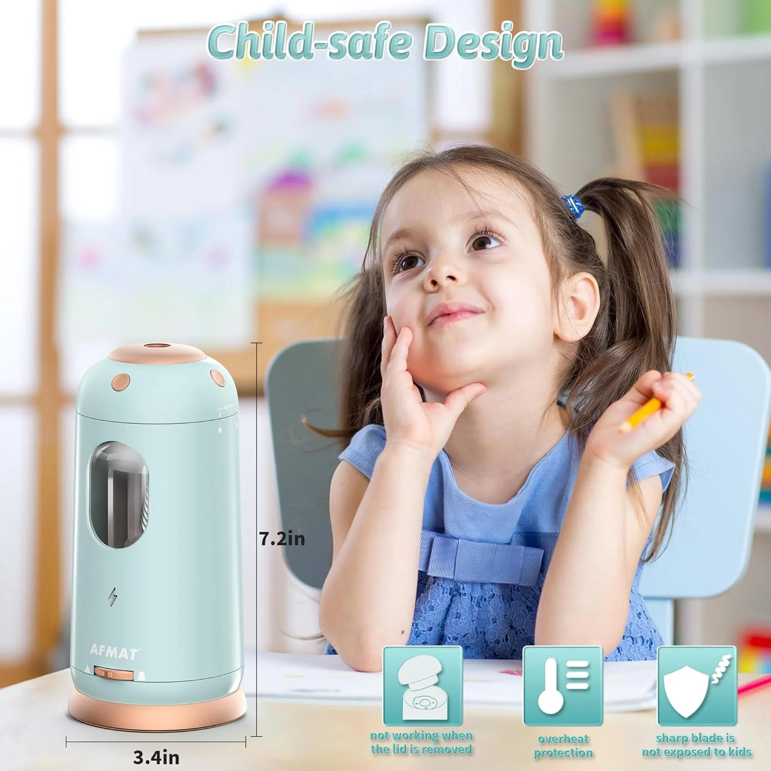 تراش برقی مداد AFMAT، ورود و خروج خودکار، تراش مداد کاملا اتوماتیک، تراش بدون دست شارژی برای مدادهای جامبو و رنگی (7-11.5 میلی متر)، مناسب برای کلاس درس/خانه/دفتر، آبی روشن