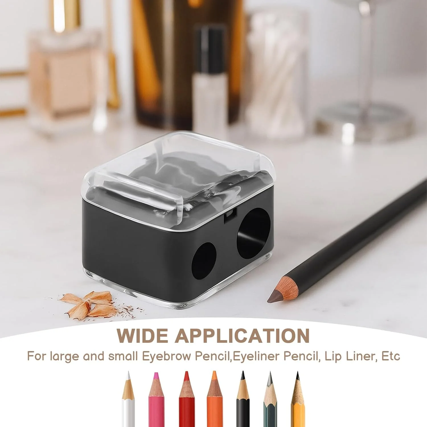 مجموعه 3 عددی تراش آرایشی - تراش مداد آرایشی 2 سوراخه برای مدادهای ابرو، خط چشم و خط لب بزرگ و کوچک - جمع آوری تراشه ها، تمیز کردن آسان