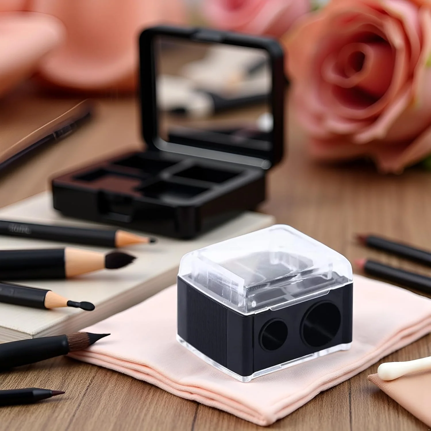 تراش آرایشی مشکی، تراش دو سوراخه مداد چشم با درپوش، مداد تراش مکانیکی لوازم آرایشی چشم برای مداد چشم و لب تراش آرایشی مشکی، تراش دو سوراخه مداد چشم با درپوش، مداد تراش مکانیکی لوازم آرایشی چشم برای مداد چشم و لب