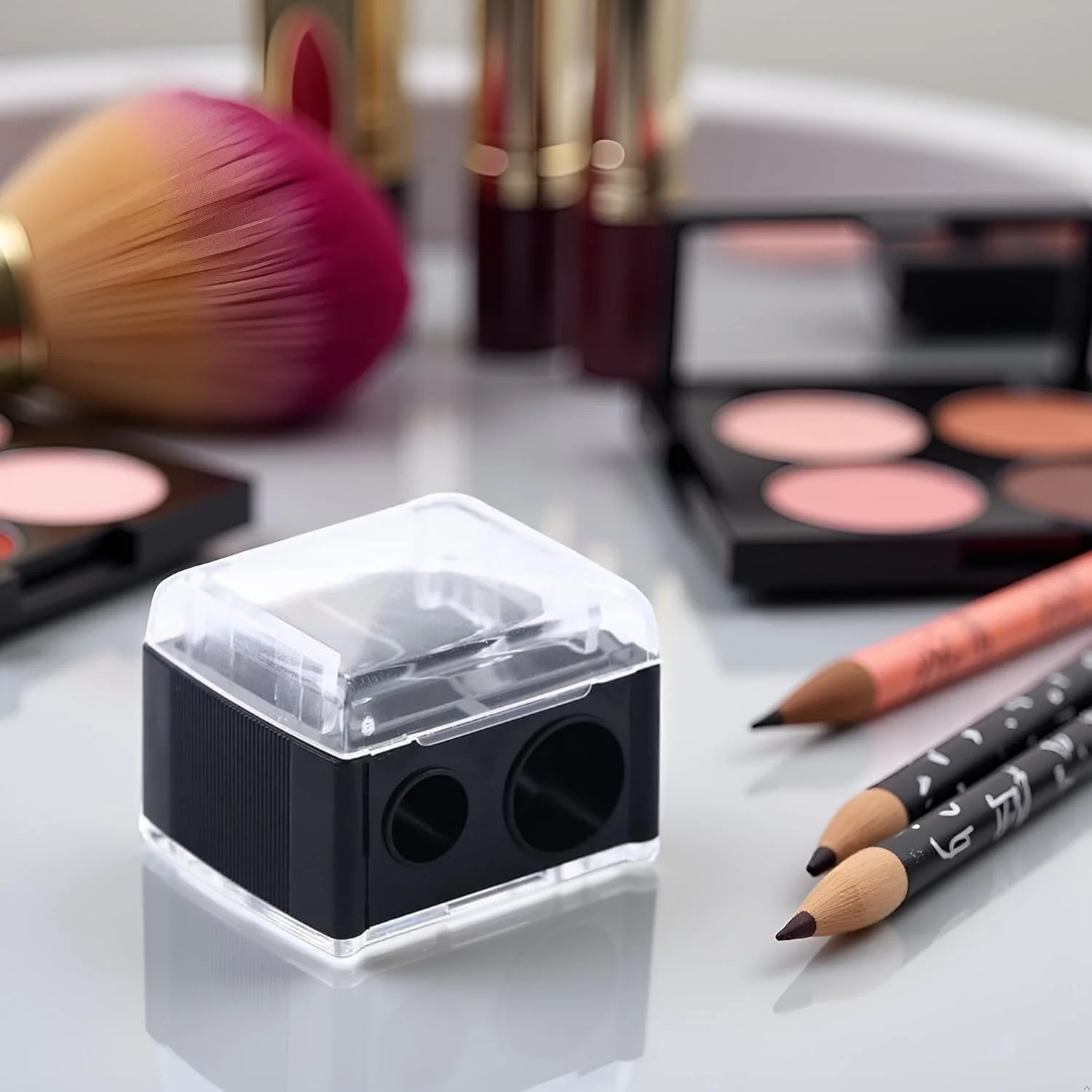 تراش آرایشی مشکی، تراش دو سوراخه مداد چشم با درپوش، مداد تراش مکانیکی لوازم آرایشی چشم برای مداد چشم و لب تراش آرایشی مشکی، تراش دو سوراخه مداد چشم با درپوش، مداد تراش مکانیکی لوازم آرایشی چشم برای مداد چشم و لب