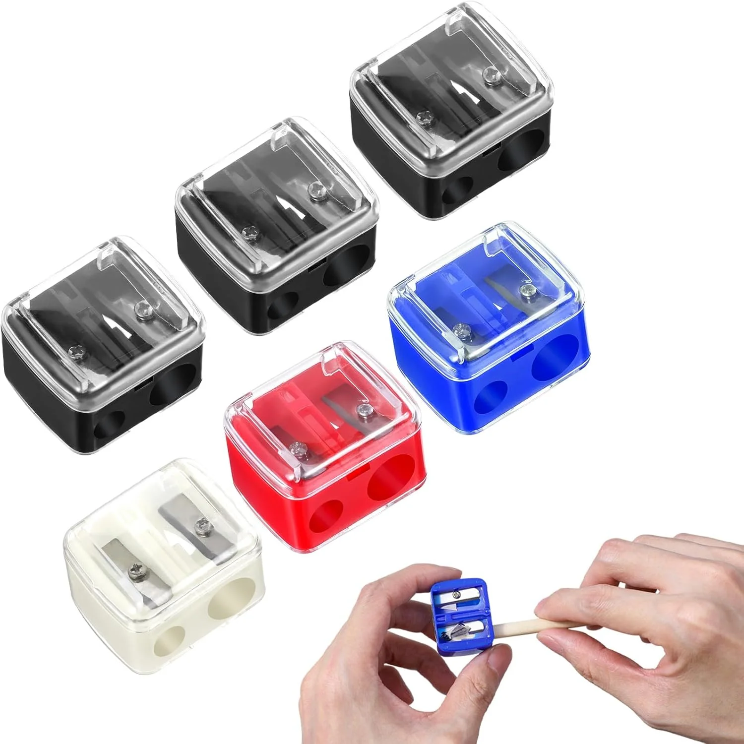 تراش آرایشی مداد Classicseali، 6 عددی، تراش دستی دو سوراخه خط لب، تراش مداد چشم 4 رنگ، برای خط لب، مداد ابرو، مداد آرایشی (مشکی، قرمز، سفید، آبی)