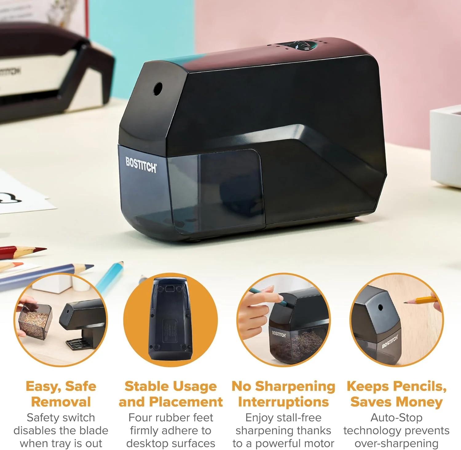 تراش رومیزی شارژی قابل حمل بوستیک با تیغه مارپیچ برای مدادهای شماره 2/رنگی، مشکی تراش رومیزی شارژی قابل حمل بوستیک با تیغه مارپیچ برای مدادهای شماره 2/رنگی، مشکی