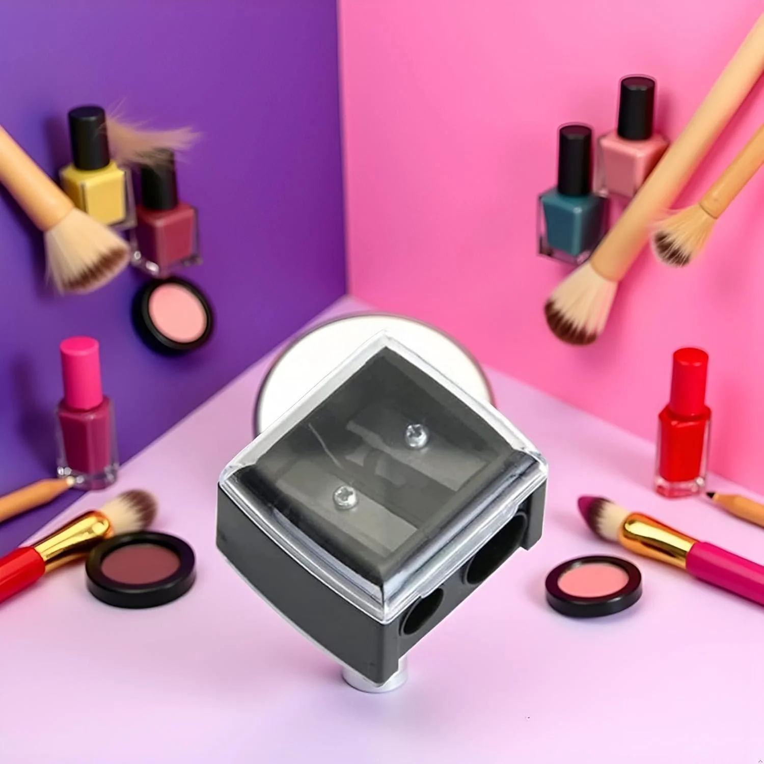 تراش آرایشی مداد چشم مشکی، تراش مداد برای مداد ابرو و خط چشم، ابزار تراش مداد چشم با دو سوراخ، به همراه درپوش، برس ها و ابزار آرایشی قابل حمل