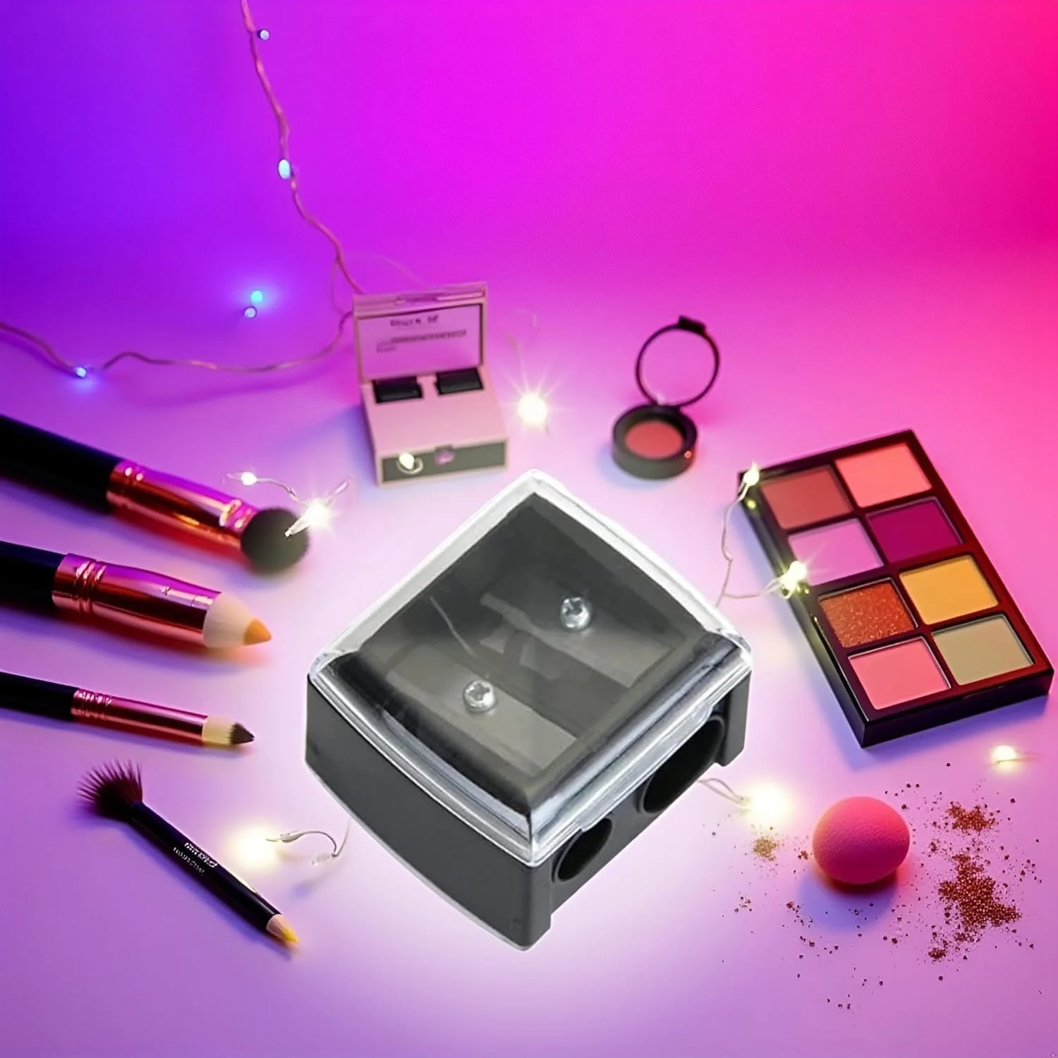 تراش آرایشی مداد چشم مشکی، تراش مداد برای مداد ابرو و خط چشم، ابزار تراش مداد چشم با دو سوراخ، به همراه درپوش، برس ها و ابزار آرایشی قابل حمل