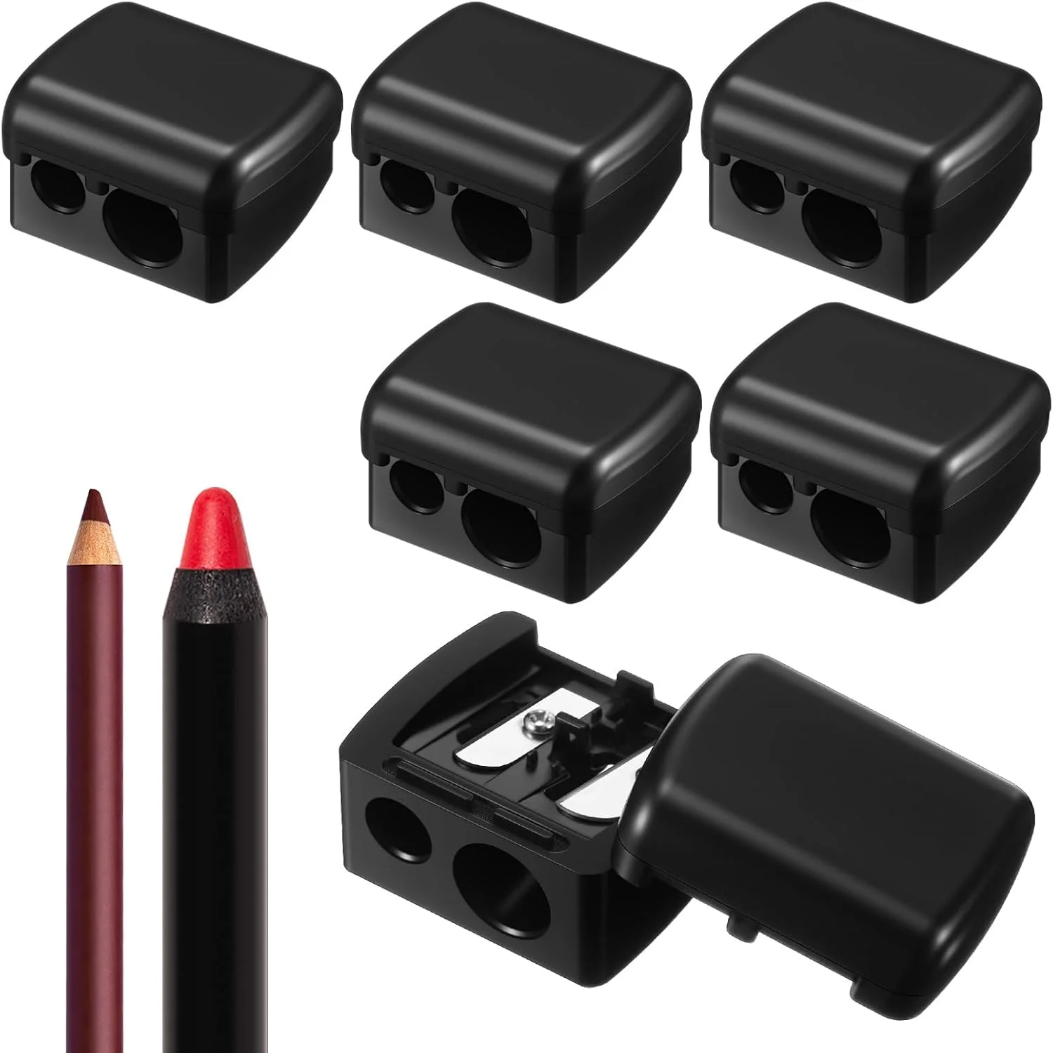 مجموعه 6 عددی تراش آرایشی فاکیتو با درپوش، تراش مداد لب و خط چشم آرایشی، ابزار دستی دو سوراخه برای خط چشم و خط لب، چند رنگ