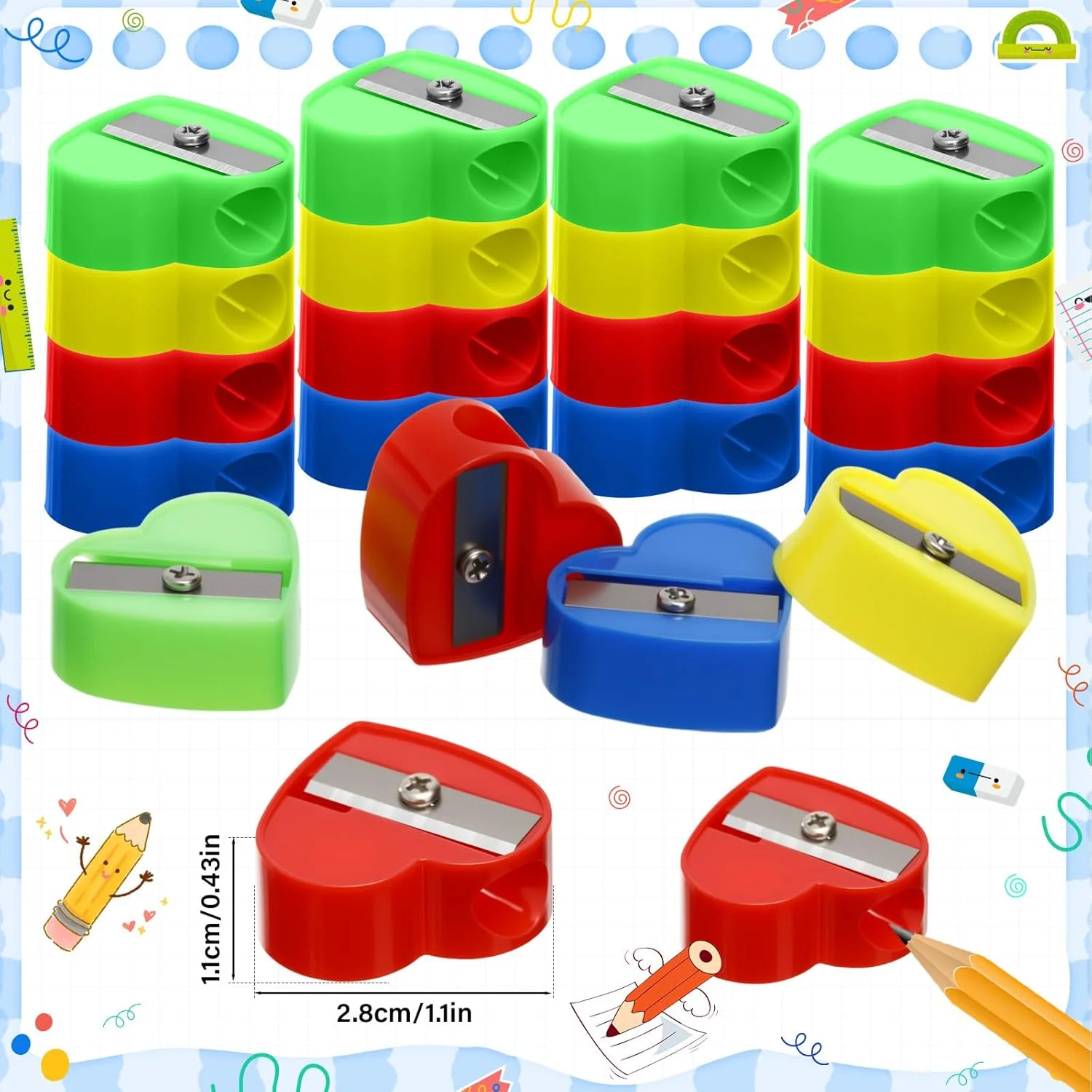 تراش مداد فین 200 عددی عمده، تراش مداد دستی کوچک مینی برای کودکان، جیبی کوچک برای لوازم اداری مدرسه کلاس، کیف هدیه و هدایا، چند رنگ (قلب)