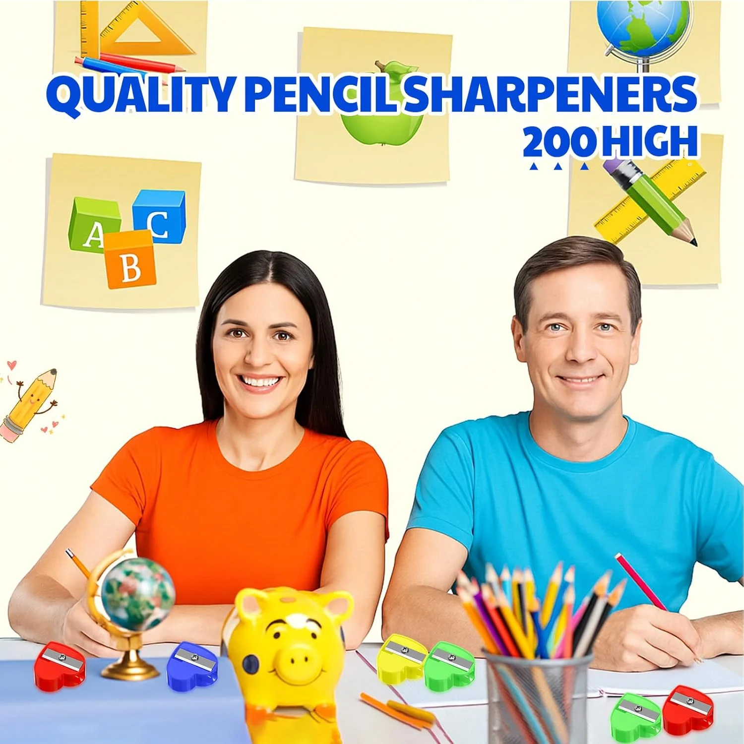 تراش مداد فین 200 عددی عمده، تراش مداد دستی کوچک مینی برای کودکان، جیبی کوچک برای لوازم اداری مدرسه کلاس، کیف هدیه و هدایا، چند رنگ (قلب)