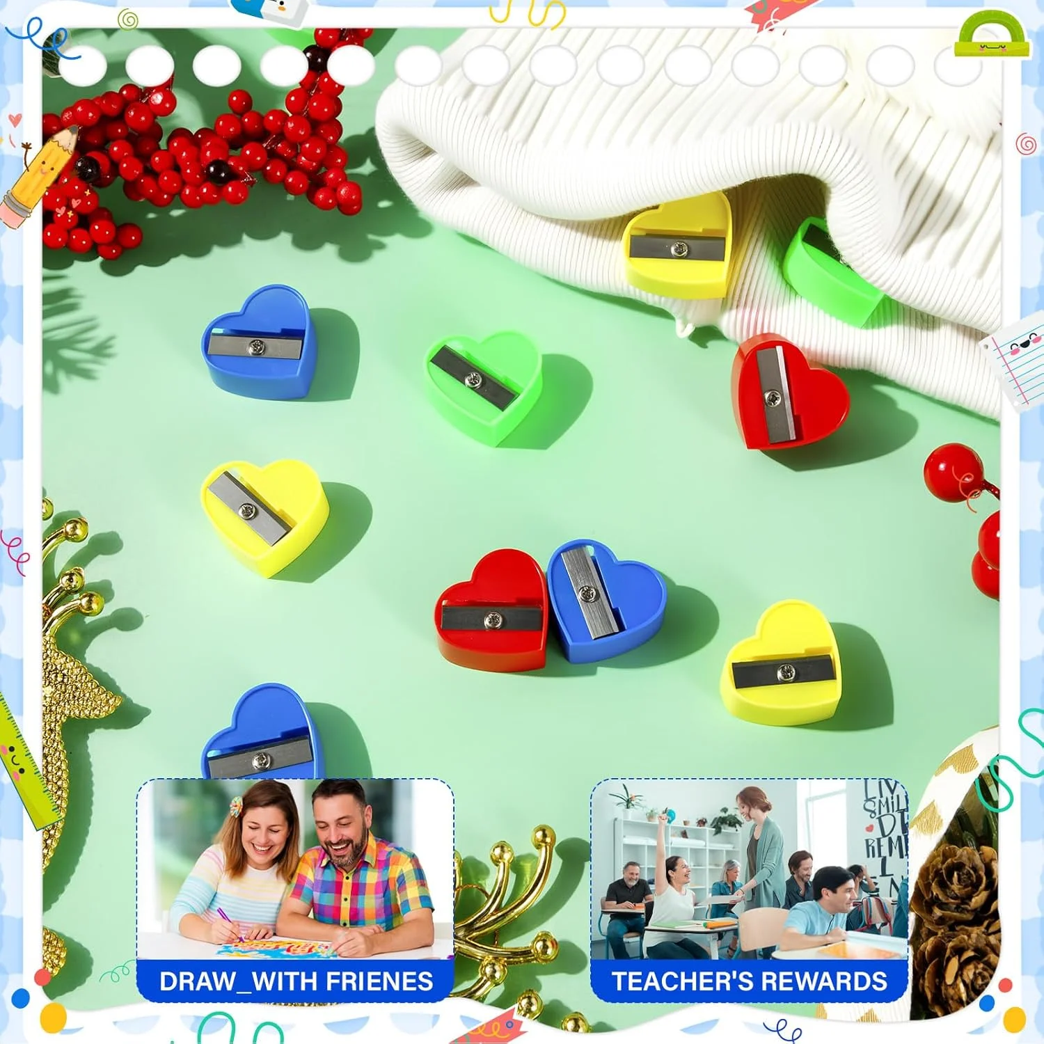 تراش مداد فین 200 عددی عمده، تراش مداد دستی کوچک مینی برای کودکان، جیبی کوچک برای لوازم اداری مدرسه کلاس، کیف هدیه و هدایا، چند رنگ (قلب)