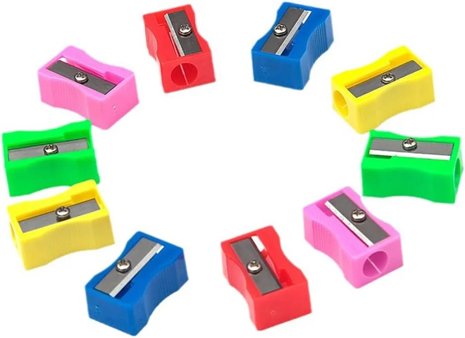 GSHLLO بسته 50 عددی مداد تراش دستی کوچک، تراش ابرو، تراش پلاستیکی تک سوراخ، تراش مداد شمعی، تراش خط لب رنگارنگ، ابزار آرایش برای خانه و اداره