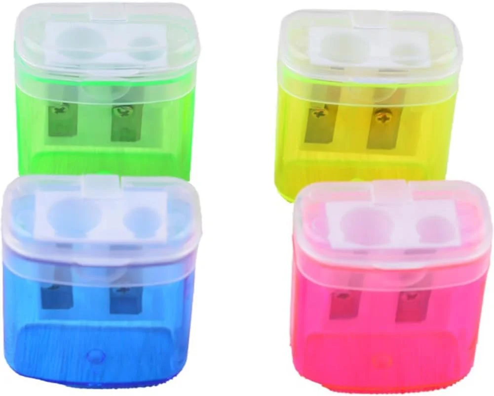 GSHLLO بسته 24 عددی تراش مداد دو سوراخه کوچک با درب، تراش های مداد پلاستیکی دستی، تراش مداد رنگی قابل حمل برای مدرسه و اداره