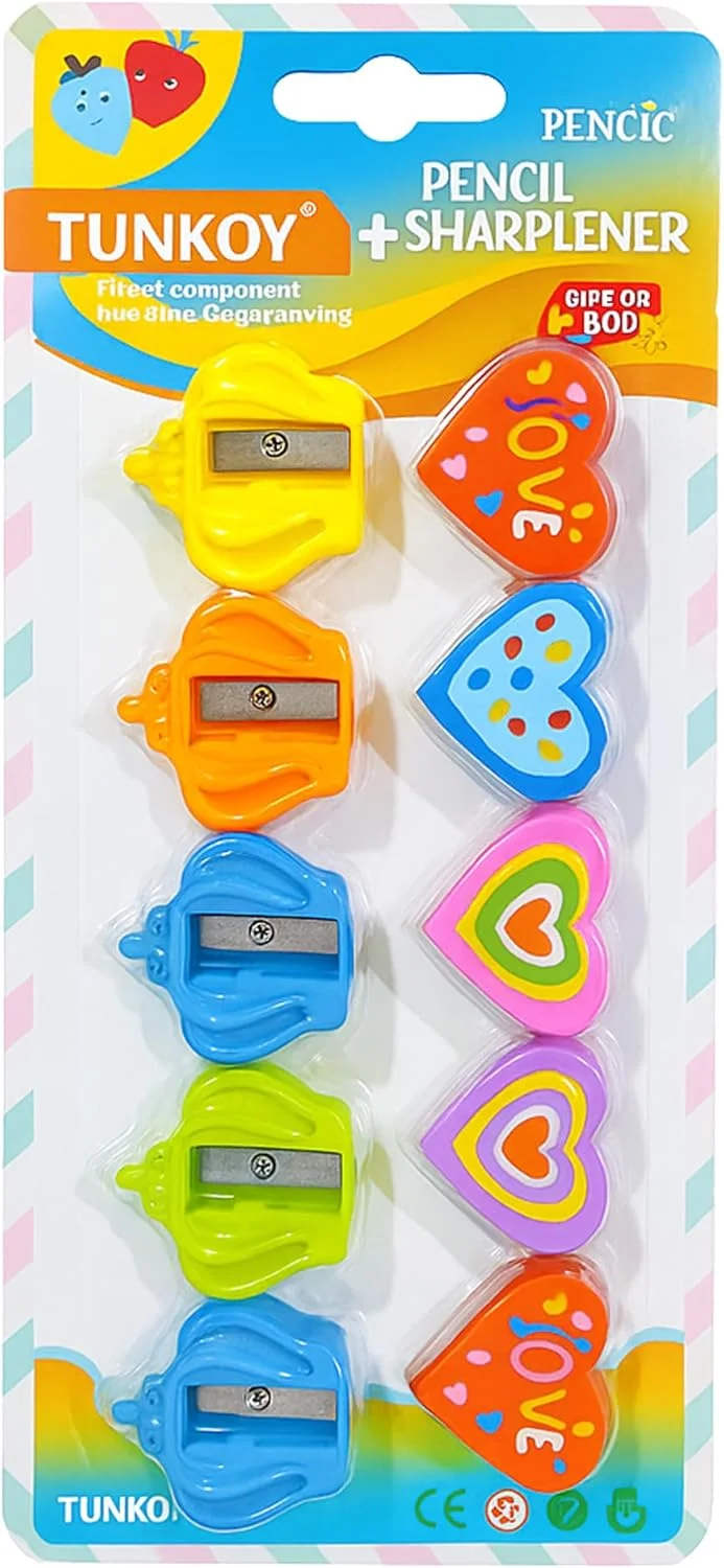 مجموعه پاک کن و تراش ورسا مارتز – 10 عدد تراش تک سوراخ رنگارنگ به همراه پاک کن سفید در ظرف نگهداری برای کودکان، دانش آموزان و لوازم التحریر اداری