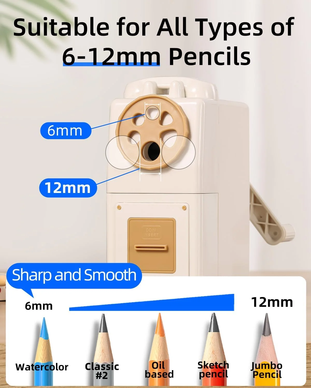 تراش دستی مداد ZMOL، مناسب مداد رنگی، 6 سایز برای مداد رنگی 6-12 میلی‌متری، تراش دستی با نوک قابل تنظیم، مناسب کودکان، دانش‌آموزان، کلاس درس، خانه/دفتر/مدرسه، سفید