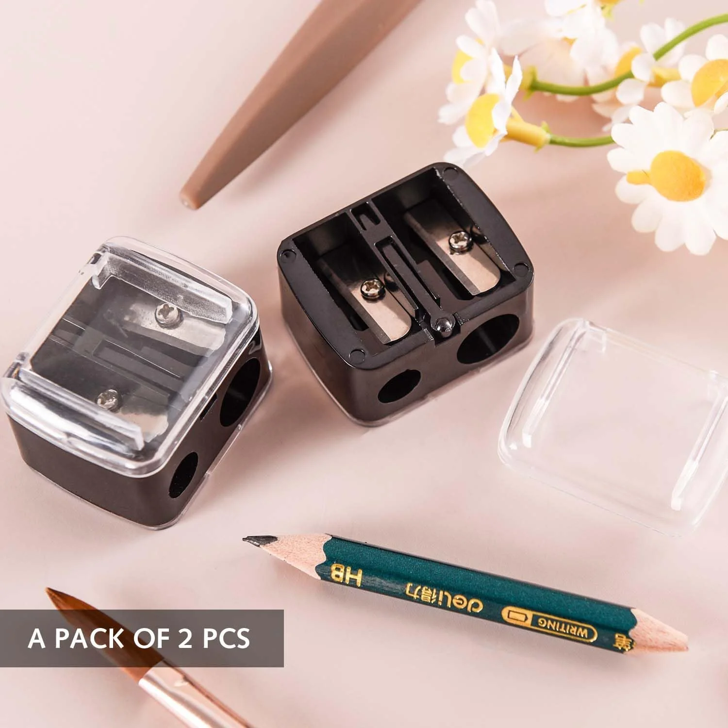 ست 2 عددی تراش آرایشی یونیورسال، تراش دقیق برای مدادهای کاژال، خط چشم، رژ لب و ابرو، با تیغه های تیز، مناسب برای مسافرت