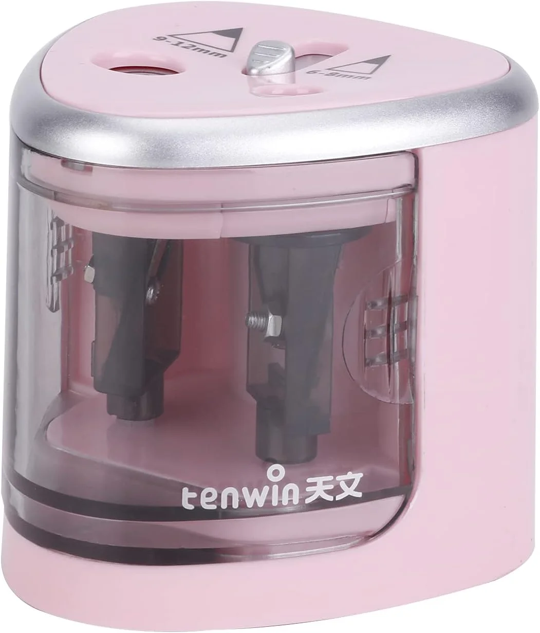 تراش برقی اتوماتیک صورتی با دو سوراخ برای مدادهای 6-8 میلی‌متری و 9-12 میلی‌متری، با باتری کار می‌کند، طراحی جمع و جور برای استفاده در مدرسه و اداره