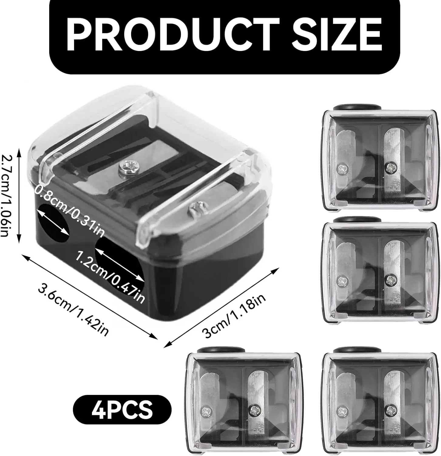بسته 4 عددی تراش آرایشی، تراش کوچک آرایشی با محفظه، تراش مداد جهانی کودکان برای مدادهای ضخیم و نازک، برای مداد ابرو، خط چشم